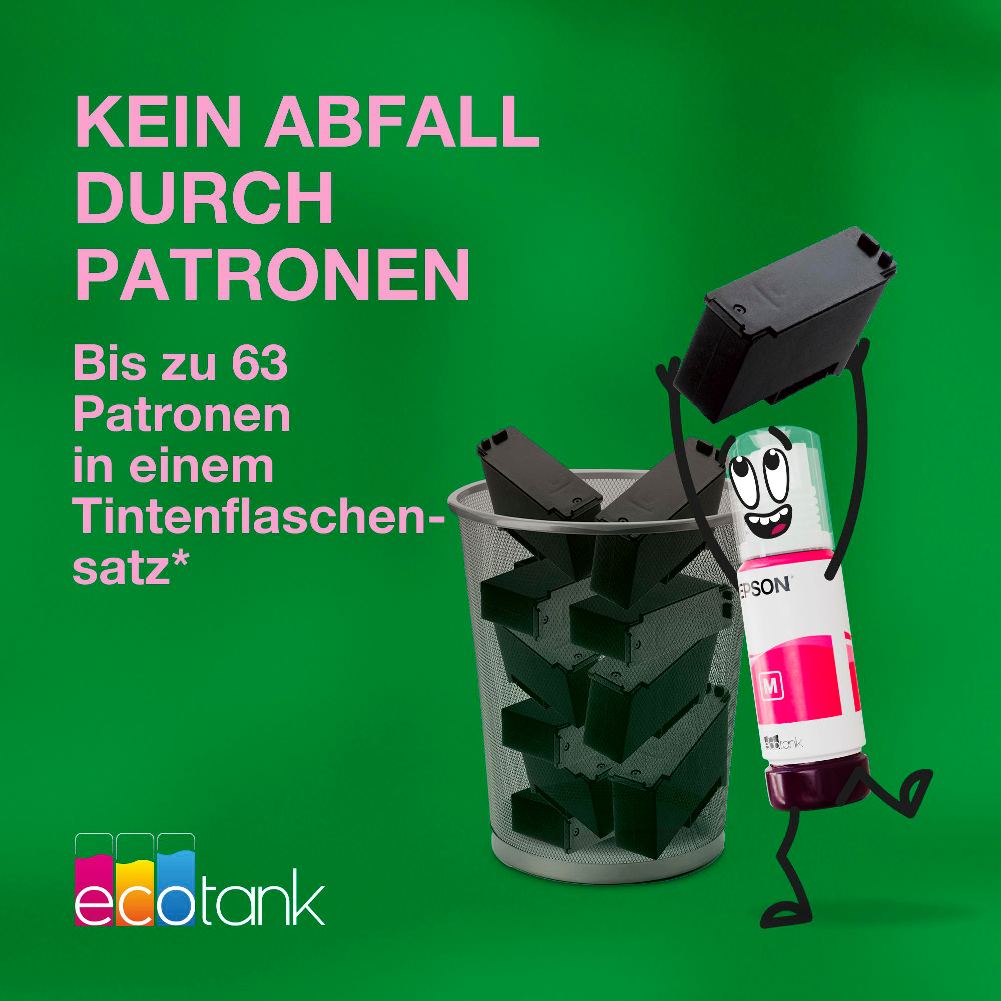 Eine Zeichentrickfigur einer Epson-Tintenflasche wirft Tintenpatronen in einen Mülleimer. Grüner Hintergrund mit Text.