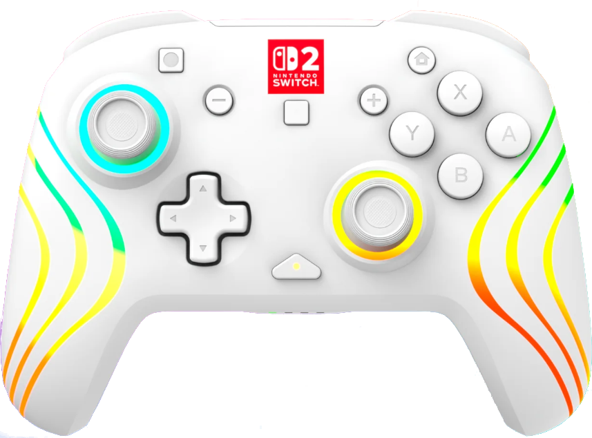 Weißer Nintendo Switch Pro Controller mit bunten Lichtspuren und Tastenanordnung. Nintendo Switch Logo ist sichtbar.