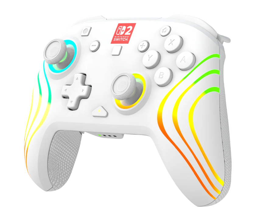 Weißer Nintendo Switch Pro Controller. Er hat bunte Lichter und ein Nintendo Switch Logo. Zu den Tasten gehören A, B, X, Y und Richtungstasten.