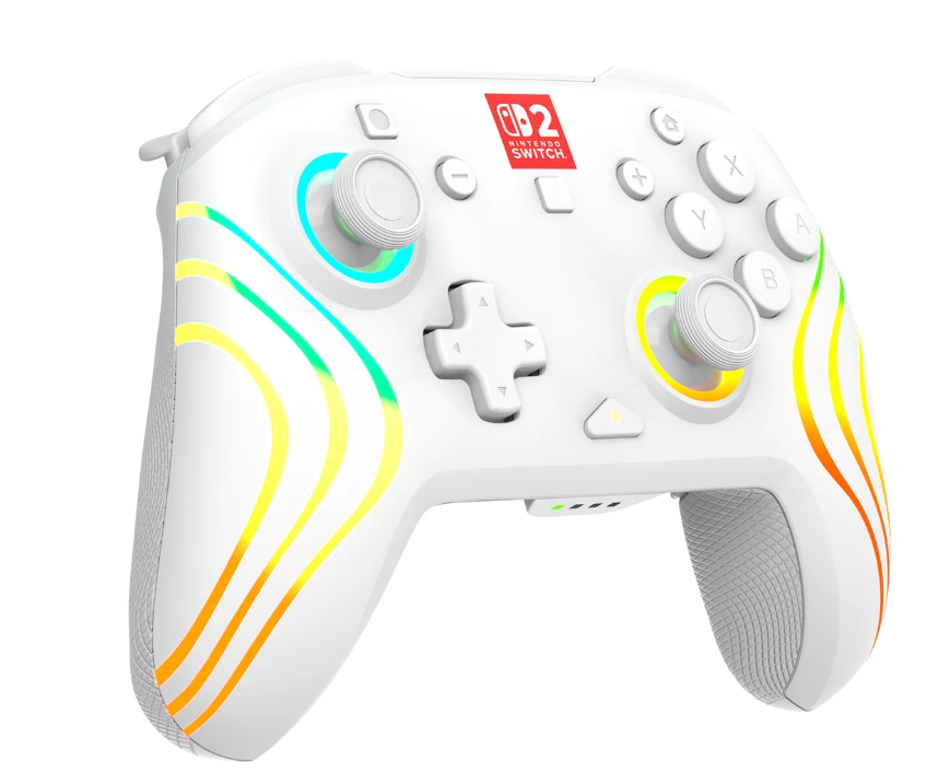 Weißer Nintendo Switch Controller. Mit farbigen Linien, Tasten, Joysticks und dem Nintendo Switch Logo. Auf weißem Hintergrund.