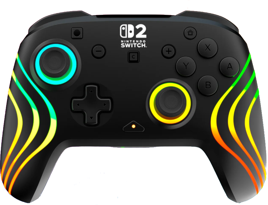 Schwarzer Nintendo Switch-Controller mit farbenfrohen Lichtstreifen. Mit Knöpfen, Joysticks und einem Nintendo Switch-Logo.