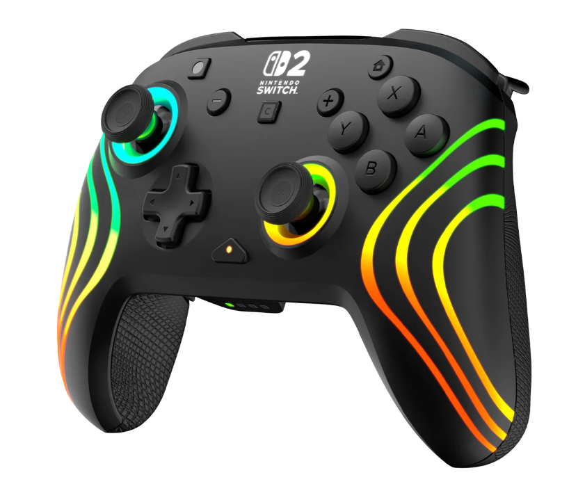 Schwarzer Nintendo Switch-Controller mit bunten LED-Lichtern. Mit Knöpfen, Joysticks und dem Nintendo Switch-Logo.