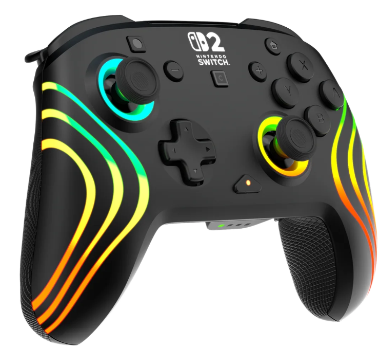 Schwarzer Nintendo Switch-Controller mit bunten Lichtspuren. Verfügt über Tasten, Joysticks und das Nintendo Switch-Logo.