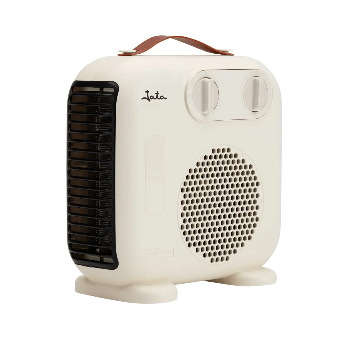 Un calentador eléctrico Jata blanco con asa marrón. Tiene una rejilla negra en el lateral y dos mandos.