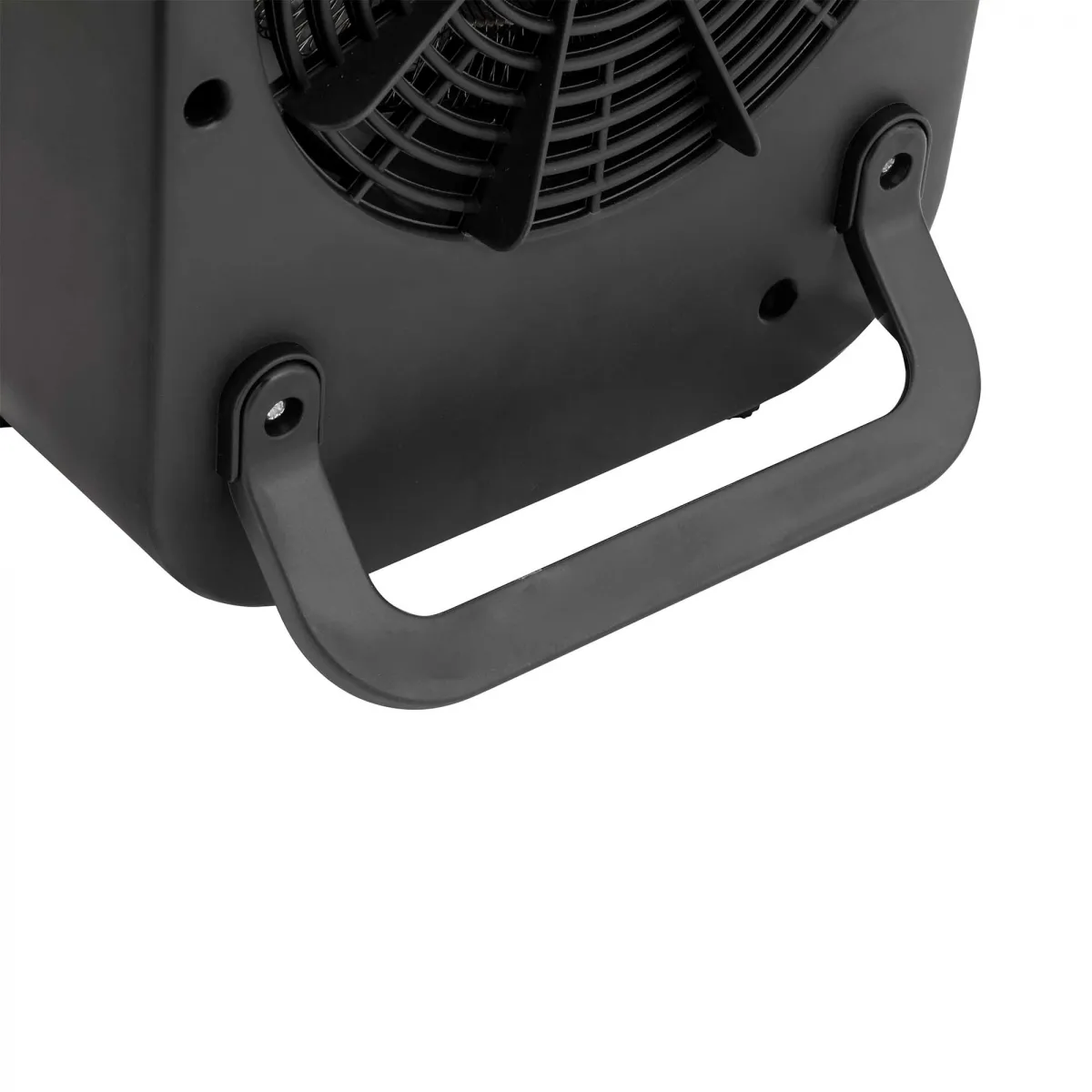 Primer plano de un calefactor negro. Un asa negra en primer plano. La rejilla del ventilador es visible.