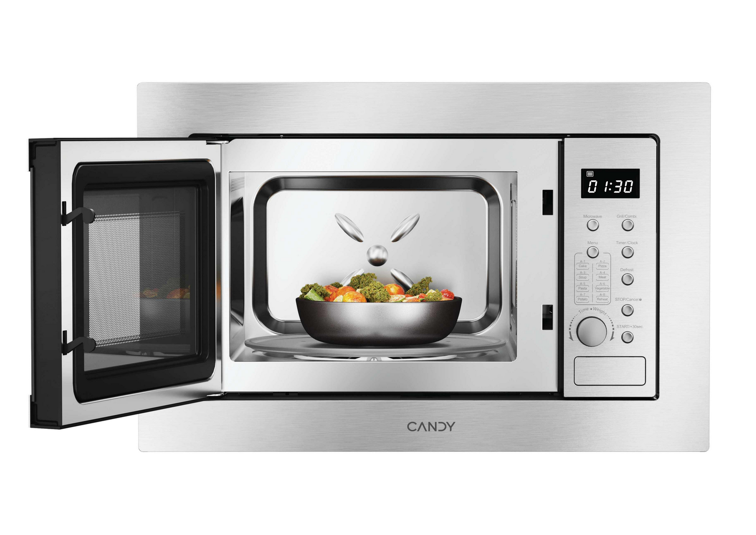 Un horno microondas con la puerta abierta, mostrando un cuenco de verduras en su interior. La pantalla muestra 01:30.