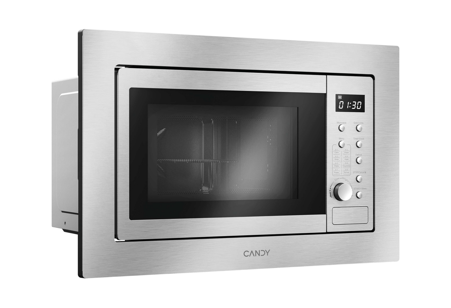 Un horno microondas de acero inoxidable con pantalla digital que muestra 01:30 y botones de control. La marca CANDY es visible.