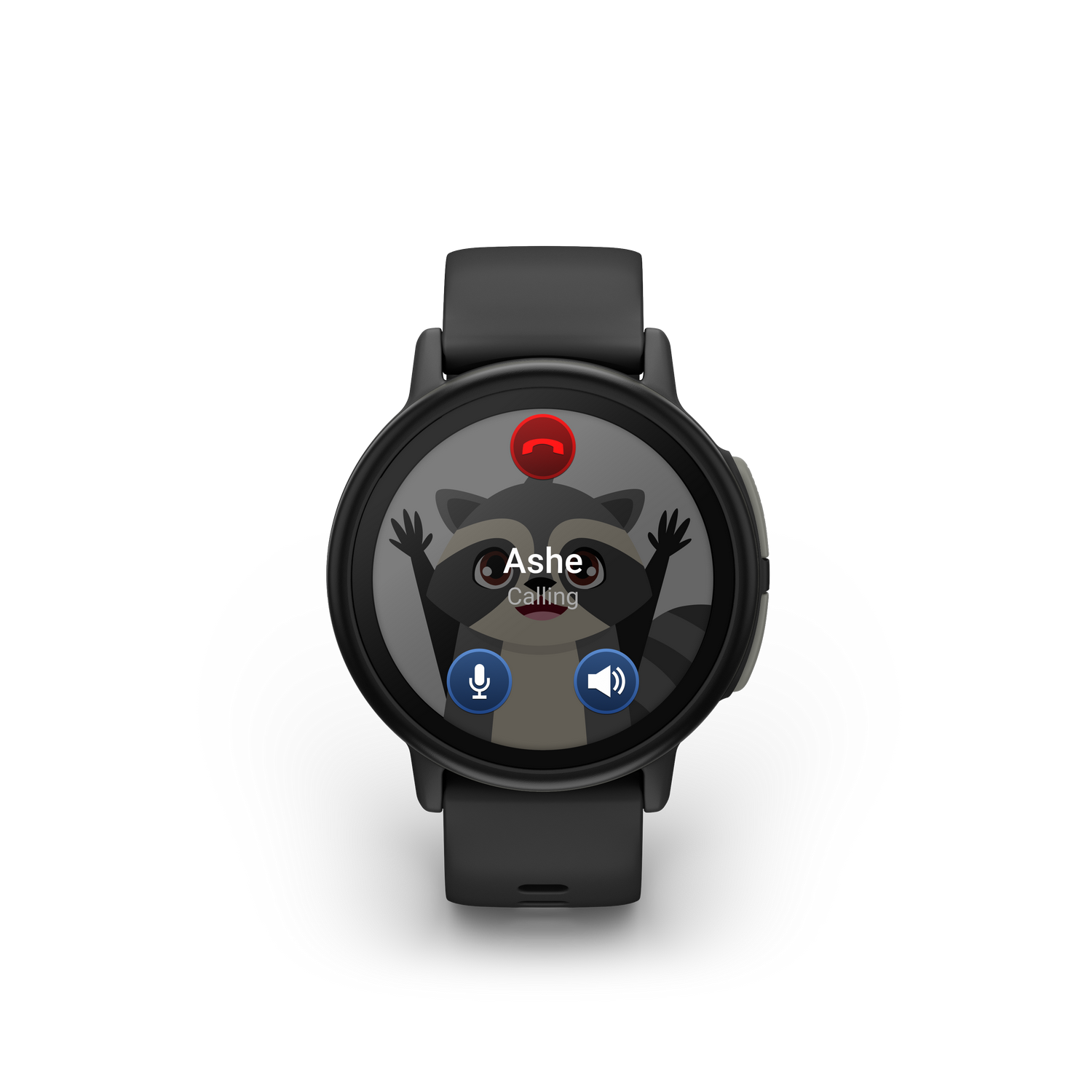 Un reloj inteligente muestra un mapache en una pantalla de llamada. Se ven botones de micrófono y altavoz. Hay un botón rojo para finalizar la llamada en la parte superior.