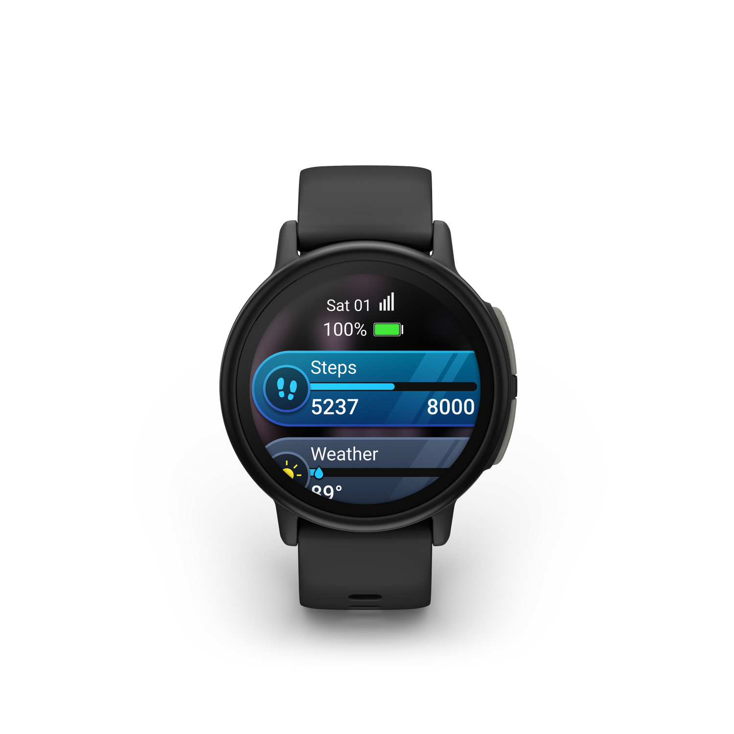 Un reloj inteligente muestra pasos, batería e información meteorológica. El reloj es negro con pantalla redonda. Los pasos son 5237.