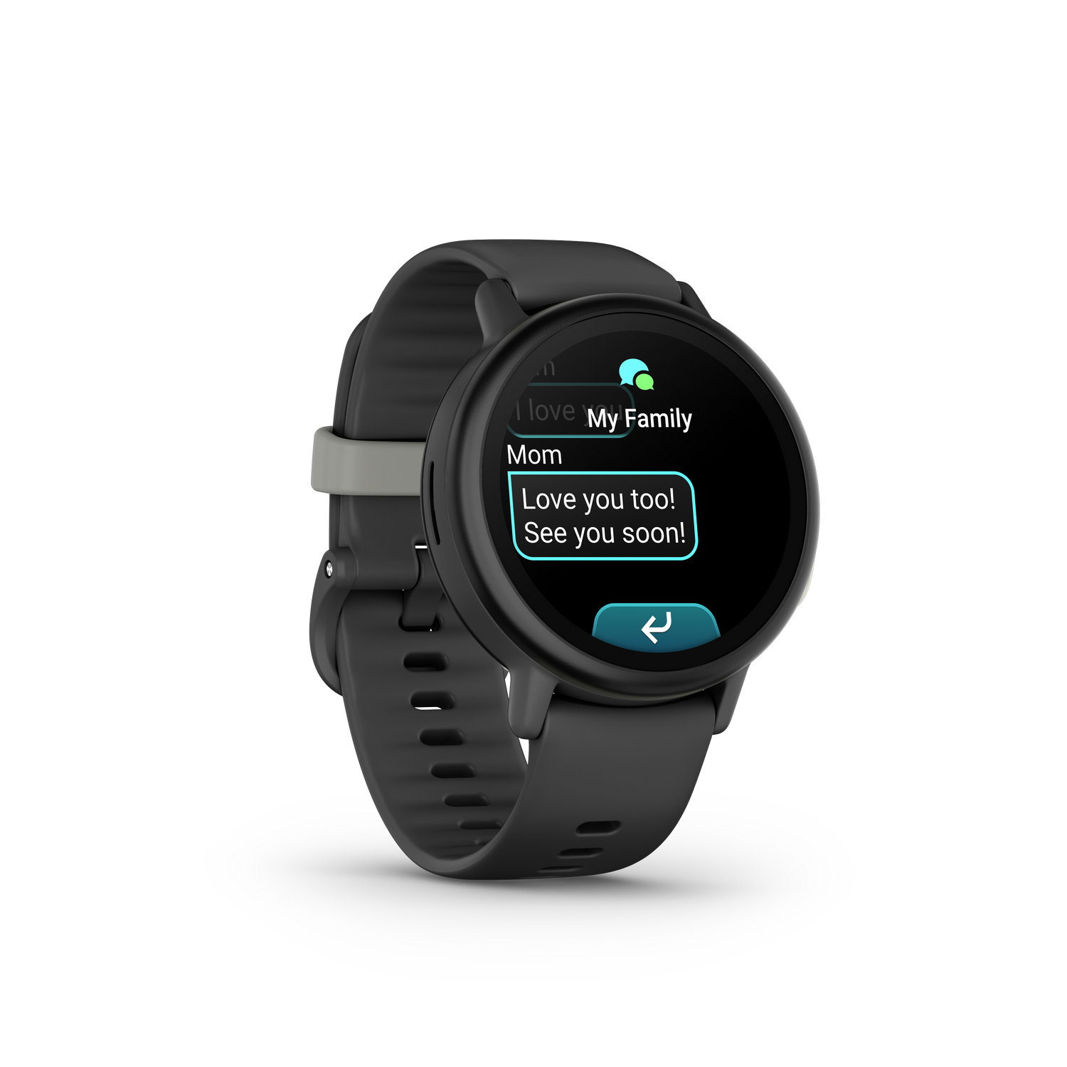 Un reloj inteligente negro muestra una conversación de texto con 'Mamá'. El reloj tiene una correa gris oscuro y un cierre gris claro.
