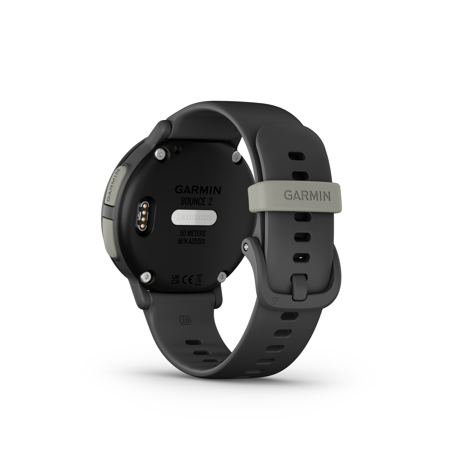 Vista trasera de un reloj inteligente Garmin Bounce 2. Reloj negro con correa gris. Se ve el nombre de la marca y el modelo.