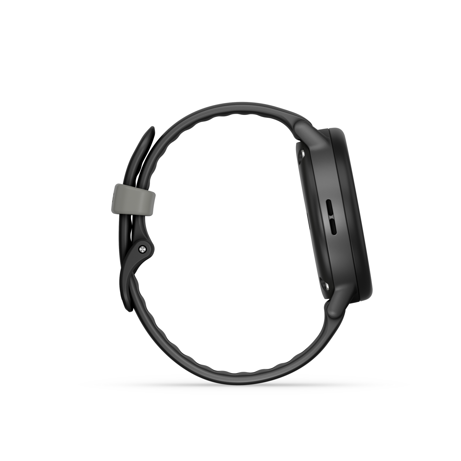 Un reloj inteligente negro se muestra de lado, con una correa y esfera gris oscuro. El fondo es de color gris sólido.