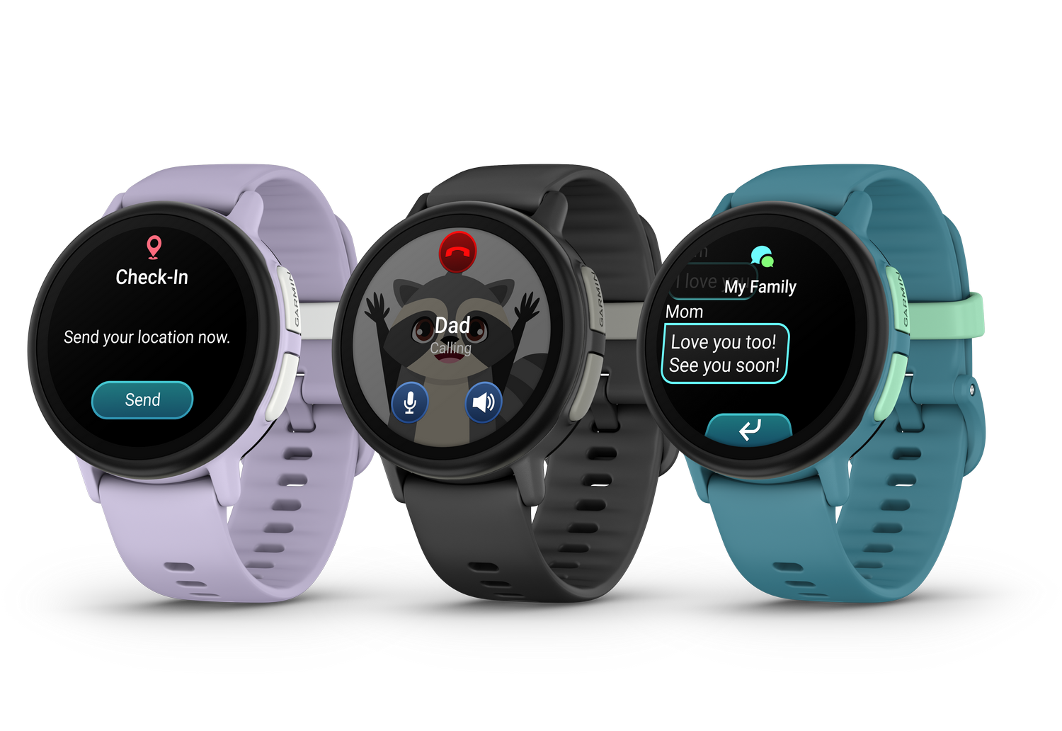 Tres smartwatches: una morada, una negra, una turquesa. Las pantallas muestran solicitud de ubicación, mapache llamando a papá, y mensaje familiar.