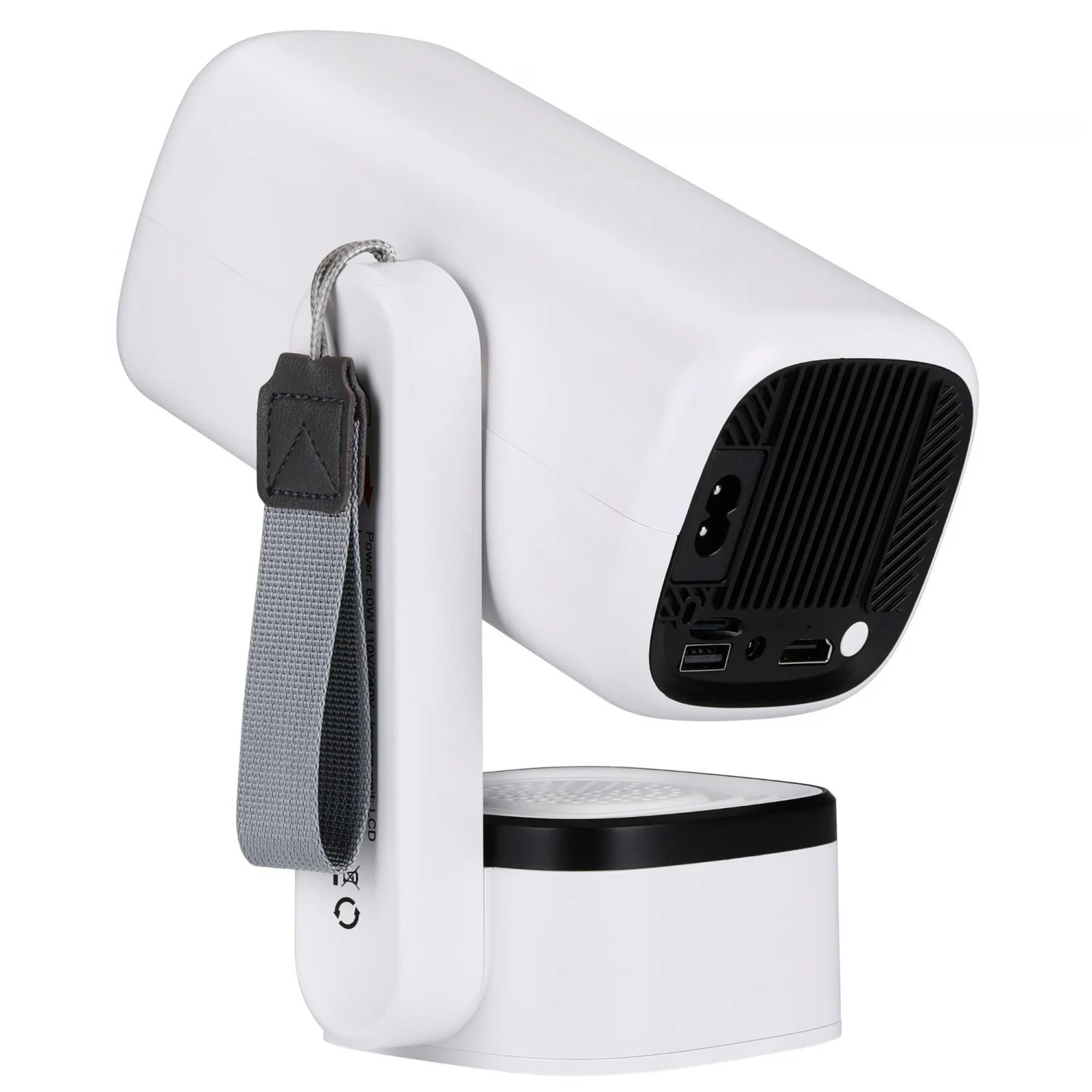 Proyector blanco con correa gris. Tiene una ventilación y puertos negros en la parte trasera. Se asienta sobre una base blanca y negra.