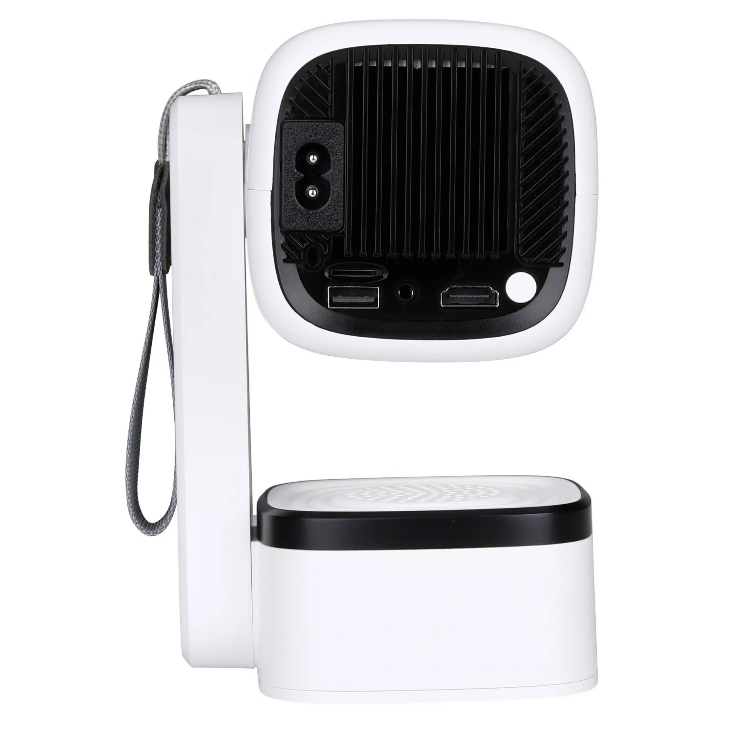 Un proyector blanco y negro. Tiene un puerto de alimentación, puertos USB y una correa de mano. La parte trasera tiene rejillas de ventilación negras.