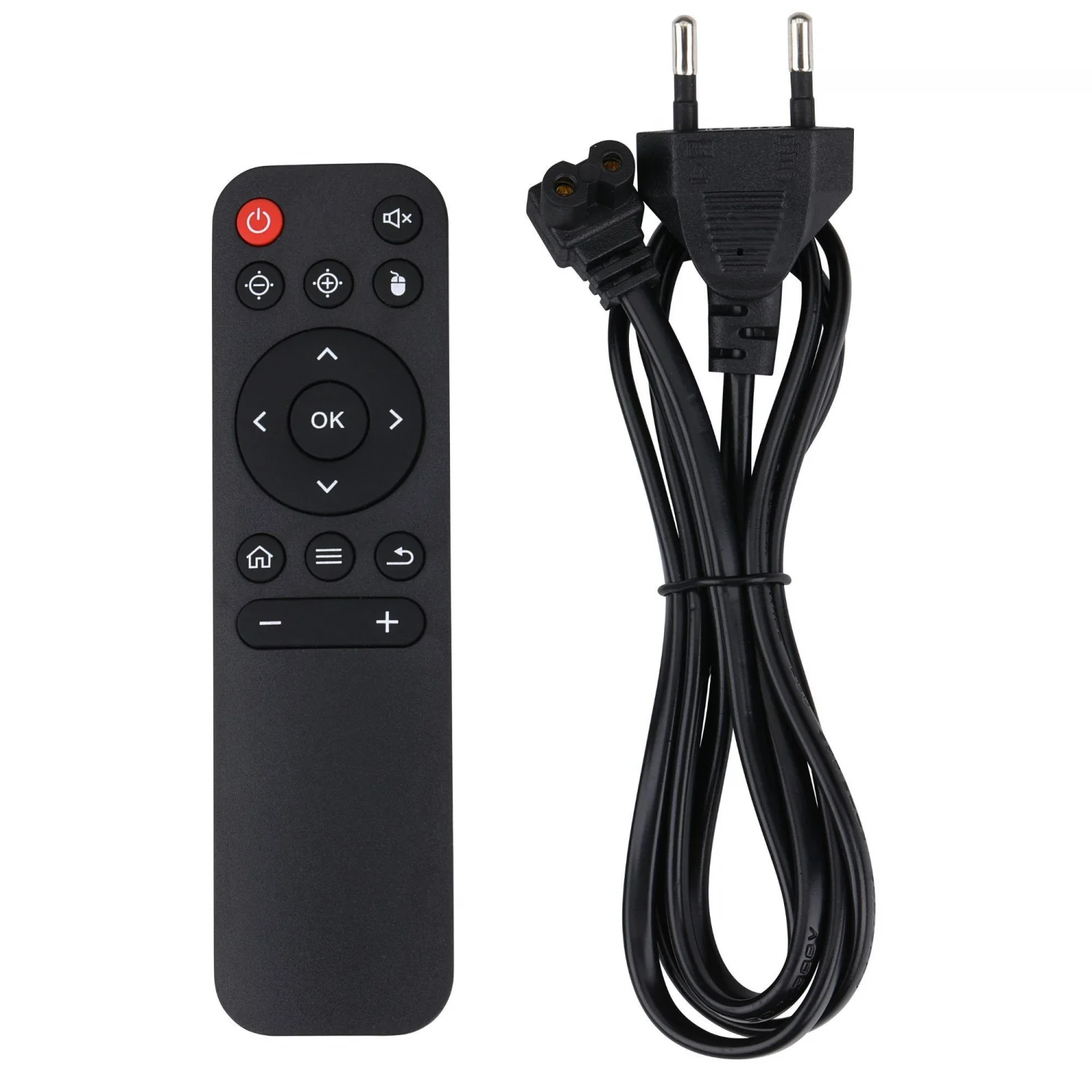 Mando a distancia negro y cable de alimentación. El mando tiene botones. El cable tiene un enchufe y un conector.