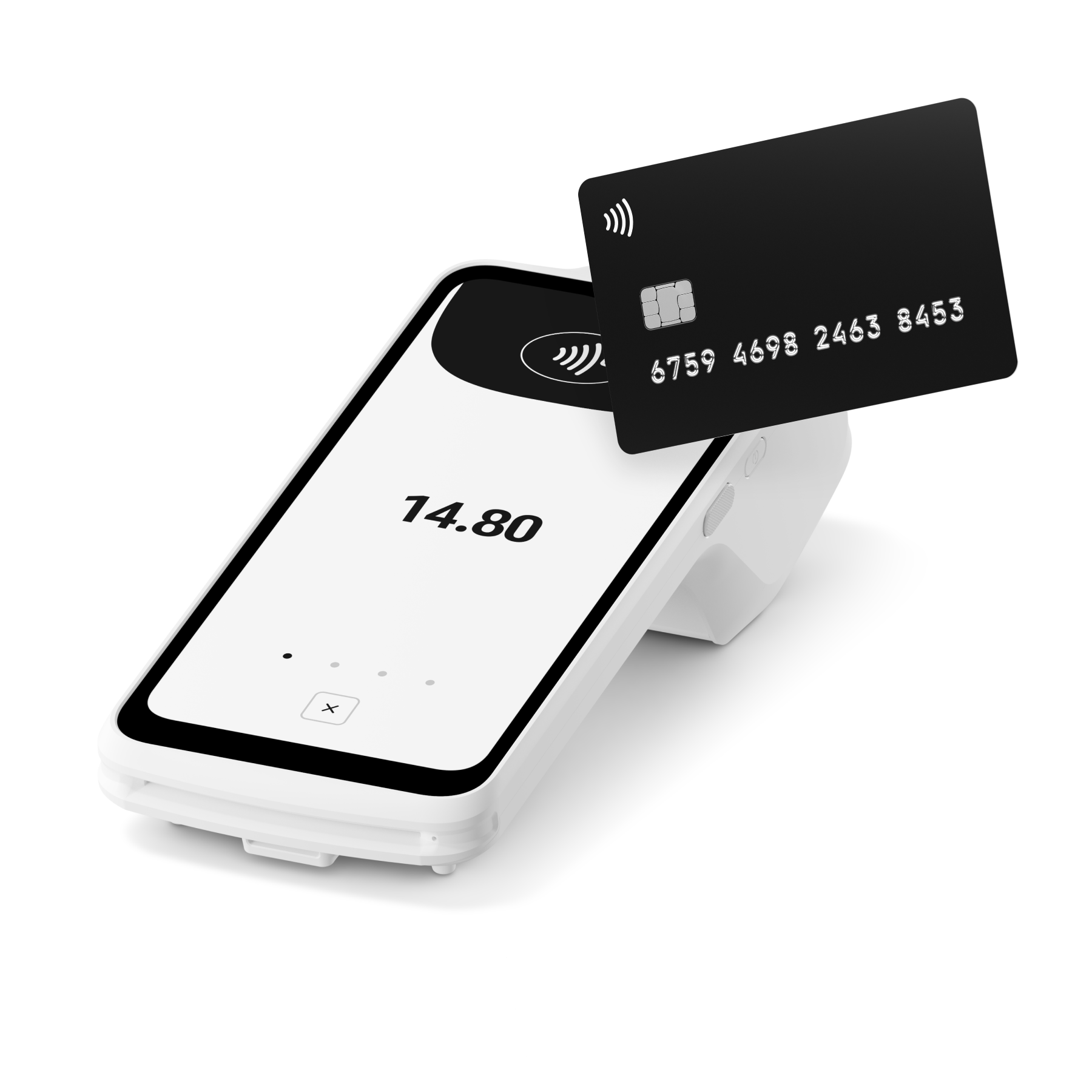 Tarjeta de crédito negra sobre un terminal de pago blanco, mostrando 14,80. La tarjeta tiene los números 6759 4698 2463 8453.