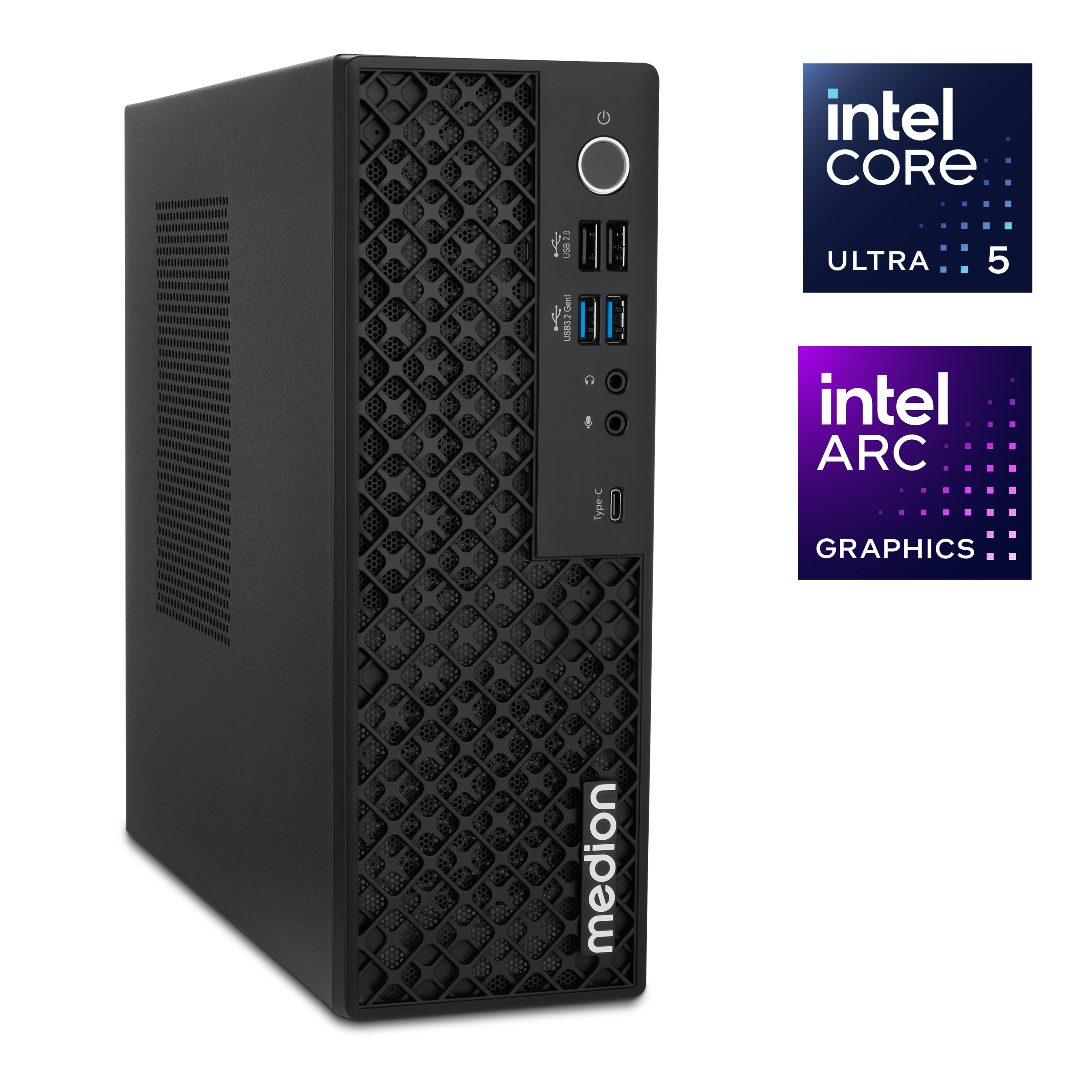 Schwarzer Computerturm mit Intel Core Ultra 5 und Arc Graphics Logos. Mit USB-Anschlüssen und Power-Taste.