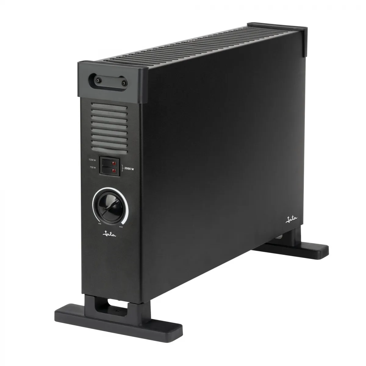 Calentador eléctrico negro. Tiene un panel de control con ajustes de potencia y un dial de temperatura. Sobre fondo blanco.