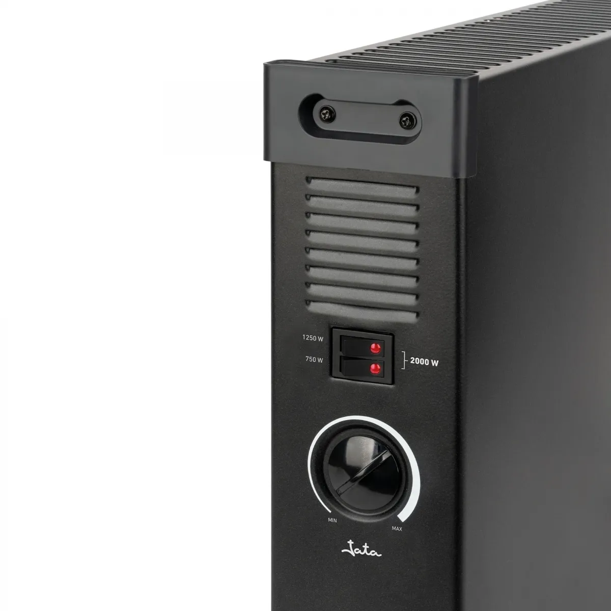 Calentador eléctrico negro con panel de control. Tiene ajustes de potencia, una perilla y el logotipo de la marca. Fondo blanco.