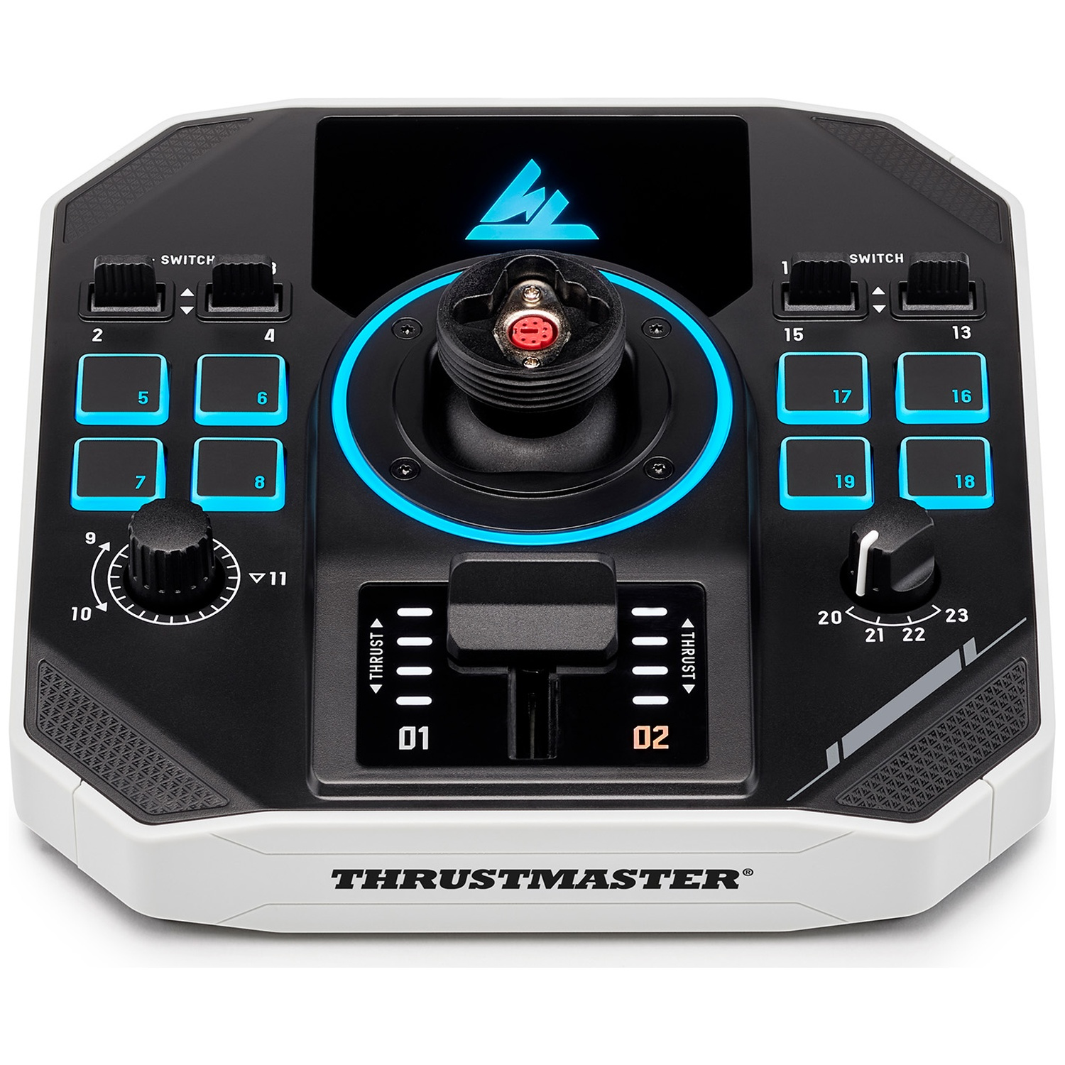 A black and white Thrustmaster flight controller. It has buttons, switches, a joystick, and a digital display with a logo.