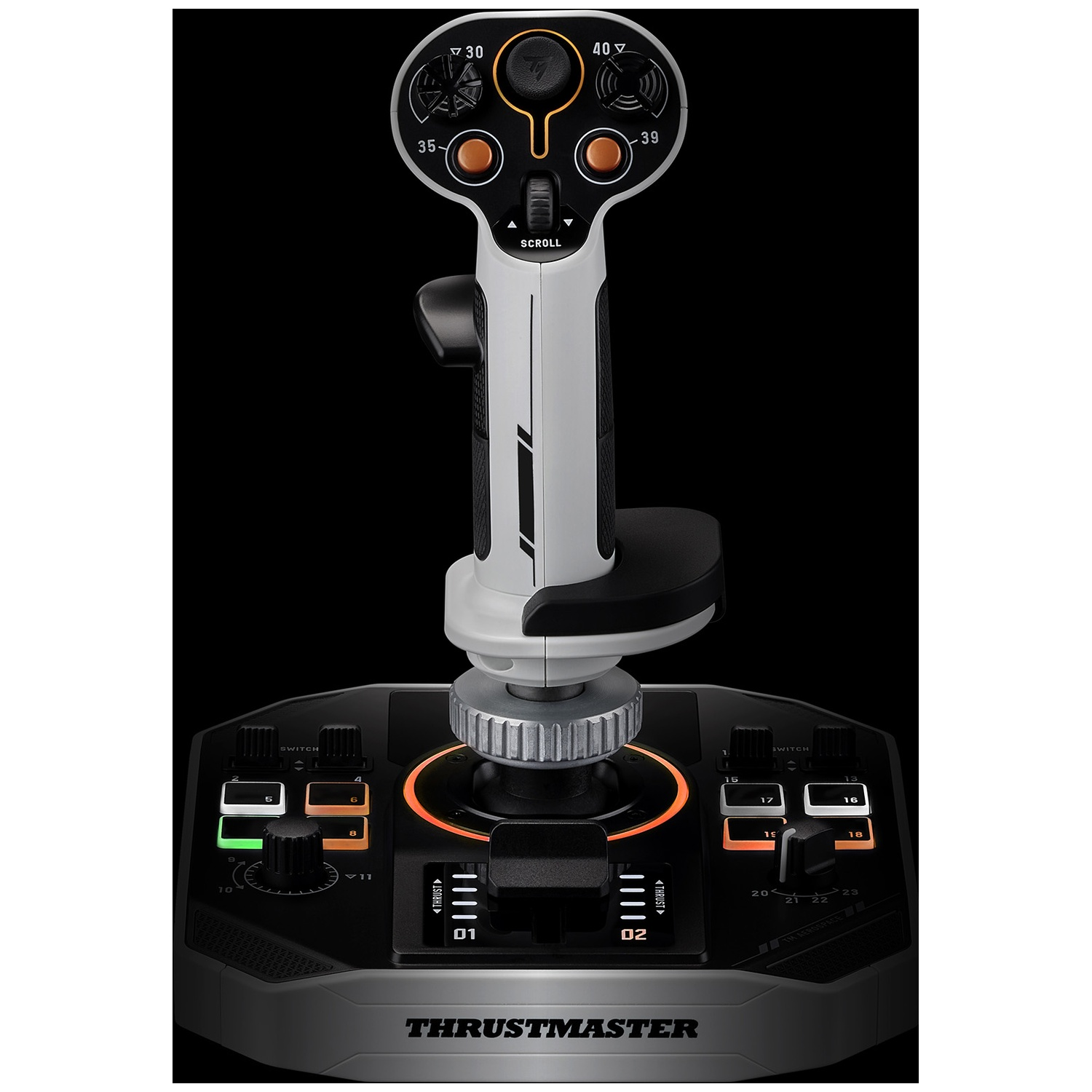 A black and gray Thrustmaster joystick. It has buttons, switches, and a throttle lever. The background is black.