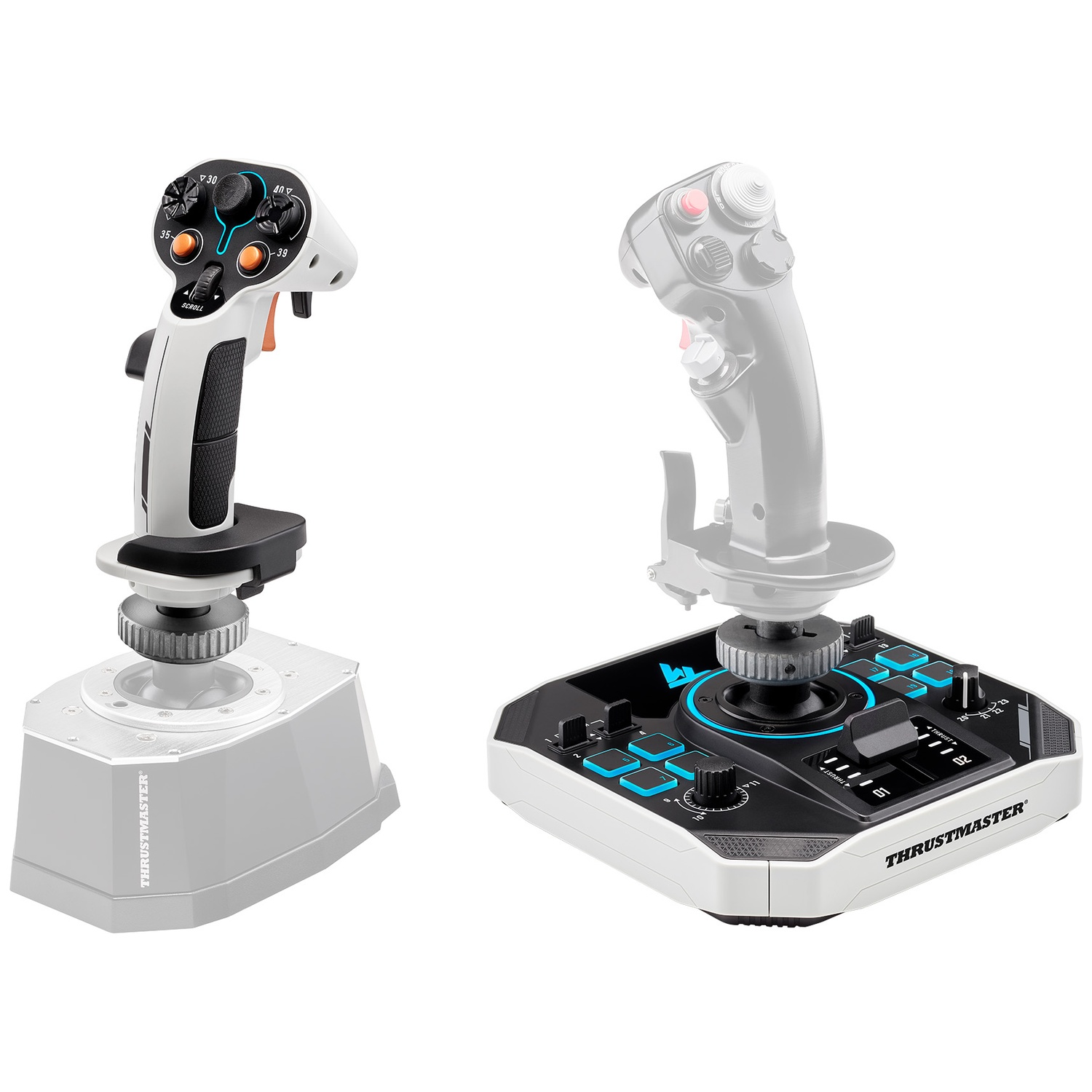 Two flight sticks are displayed. One is white and black, with orange buttons. The other is a gray outline.