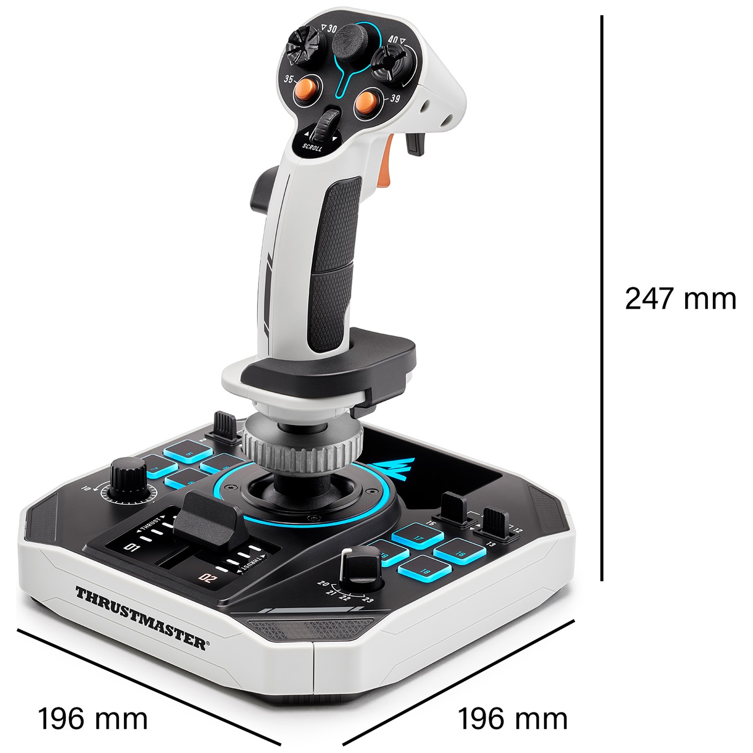 A Thrustmaster joystick. It is white and black with blue and orange accents. Dimensions: 196x196x247mm. Features buttons, dials, and a stick.