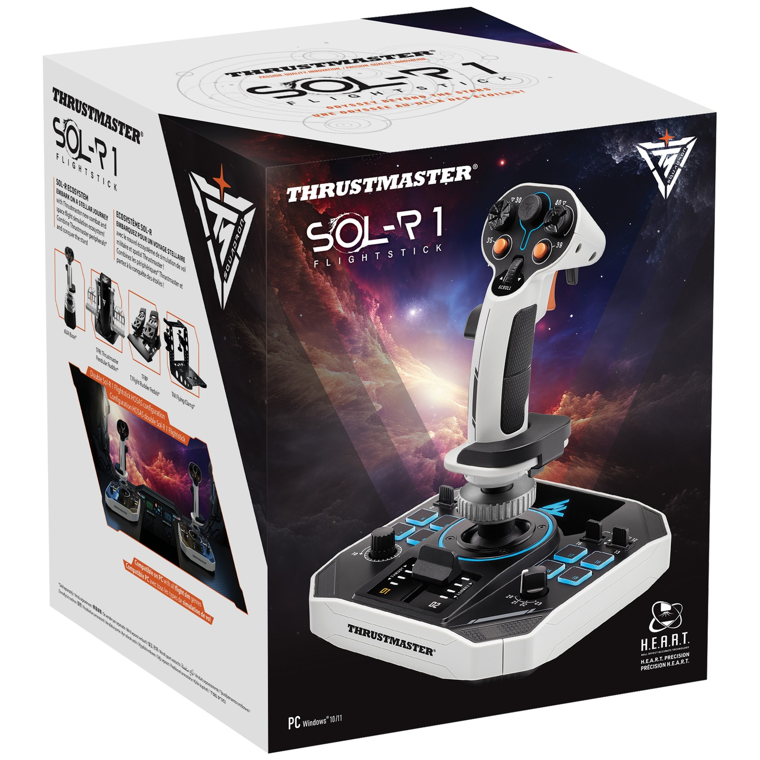 Box of a white and black Thrustmaster SOL-R1 flight stick. It is for PC with buttons and a joystick.