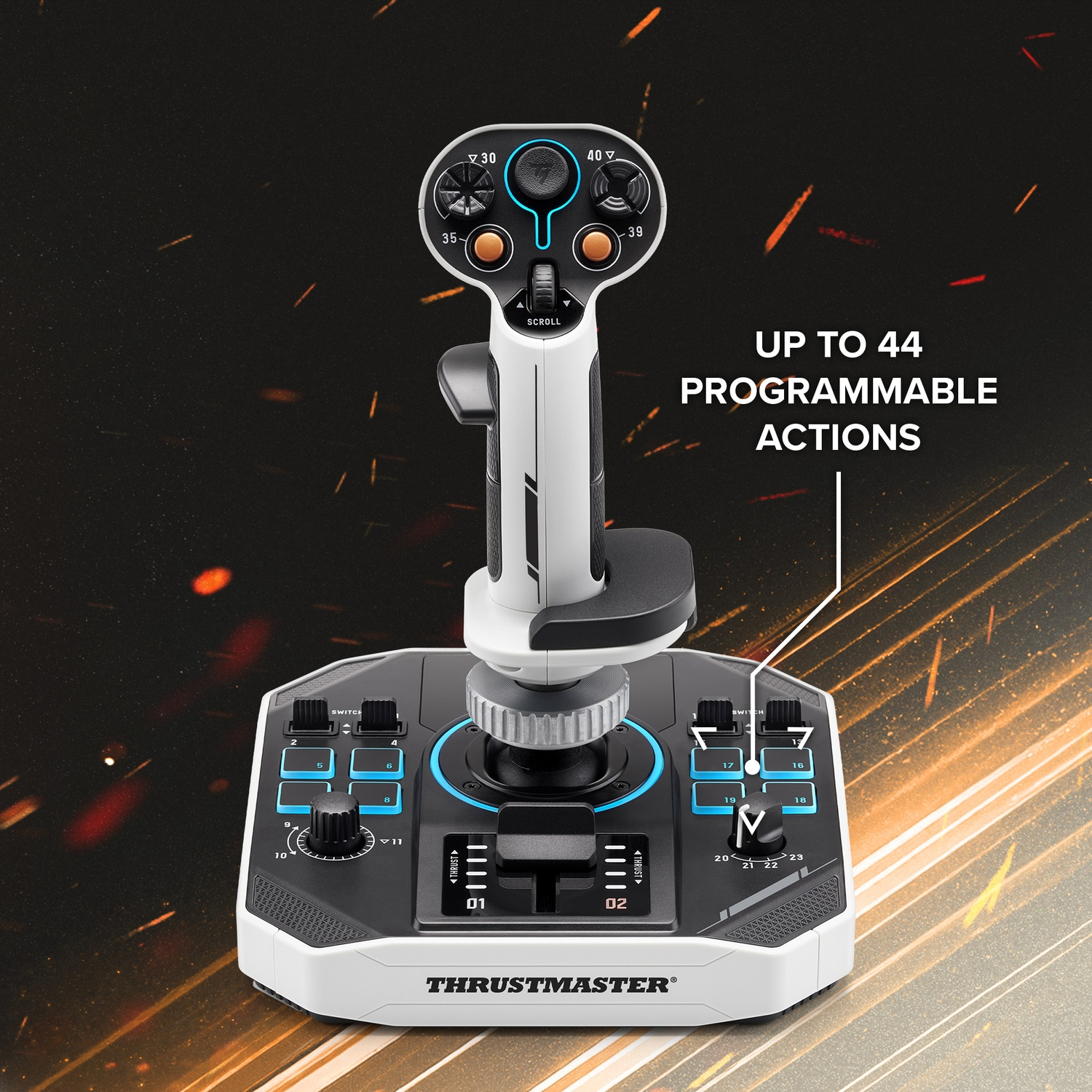 A black and white Thrustmaster joystick with multiple buttons and dials, with text 'UP TO 44 PROGRAMMABLE ACTIONS'.