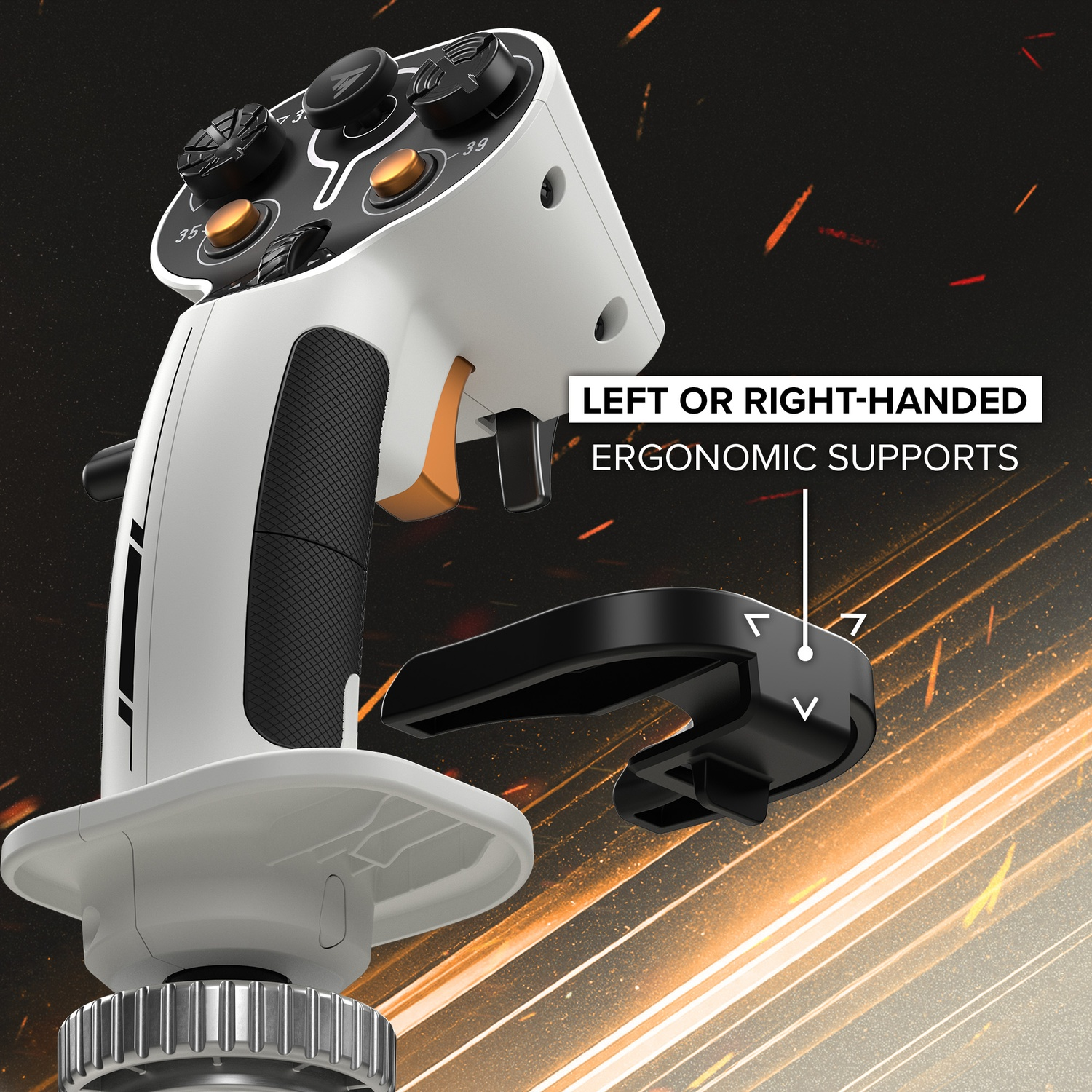 A white and black joystick with orange accents. It has buttons and a trigger. The background is dark with orange streaks.