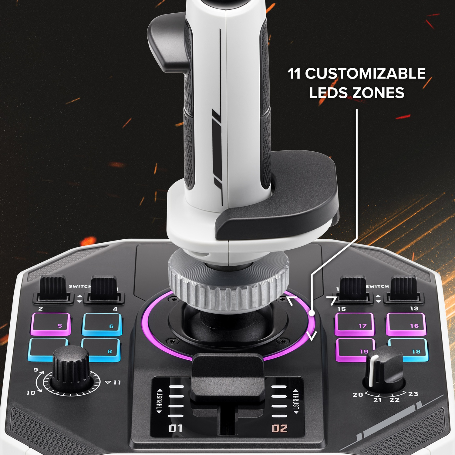 A close-up of a white and black joystick controller with buttons, switches, and a dial. The text '11 customizable LEDs zones' is visible.