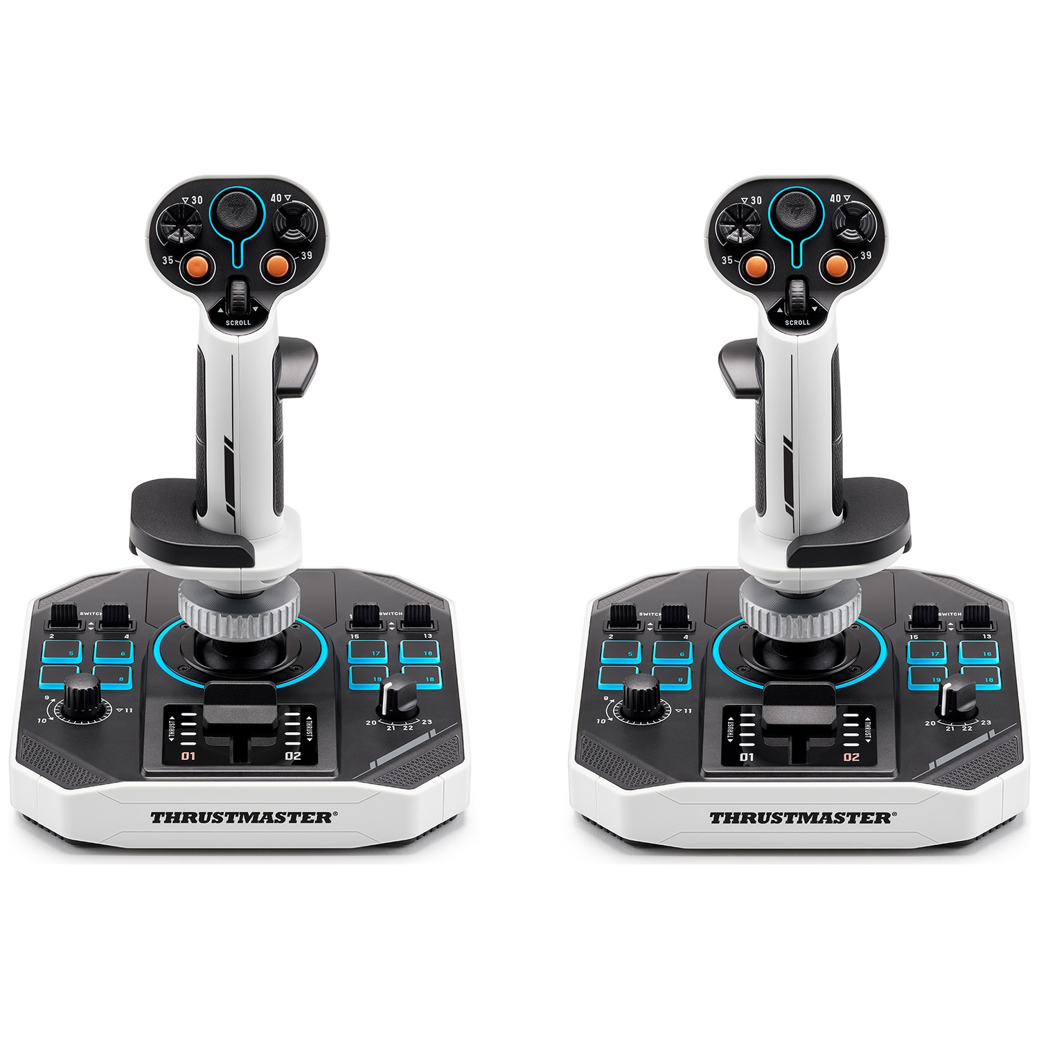 Two Thrustmaster flight sticks. Each has a base with buttons and a central stick with controls and dials. White and black design.