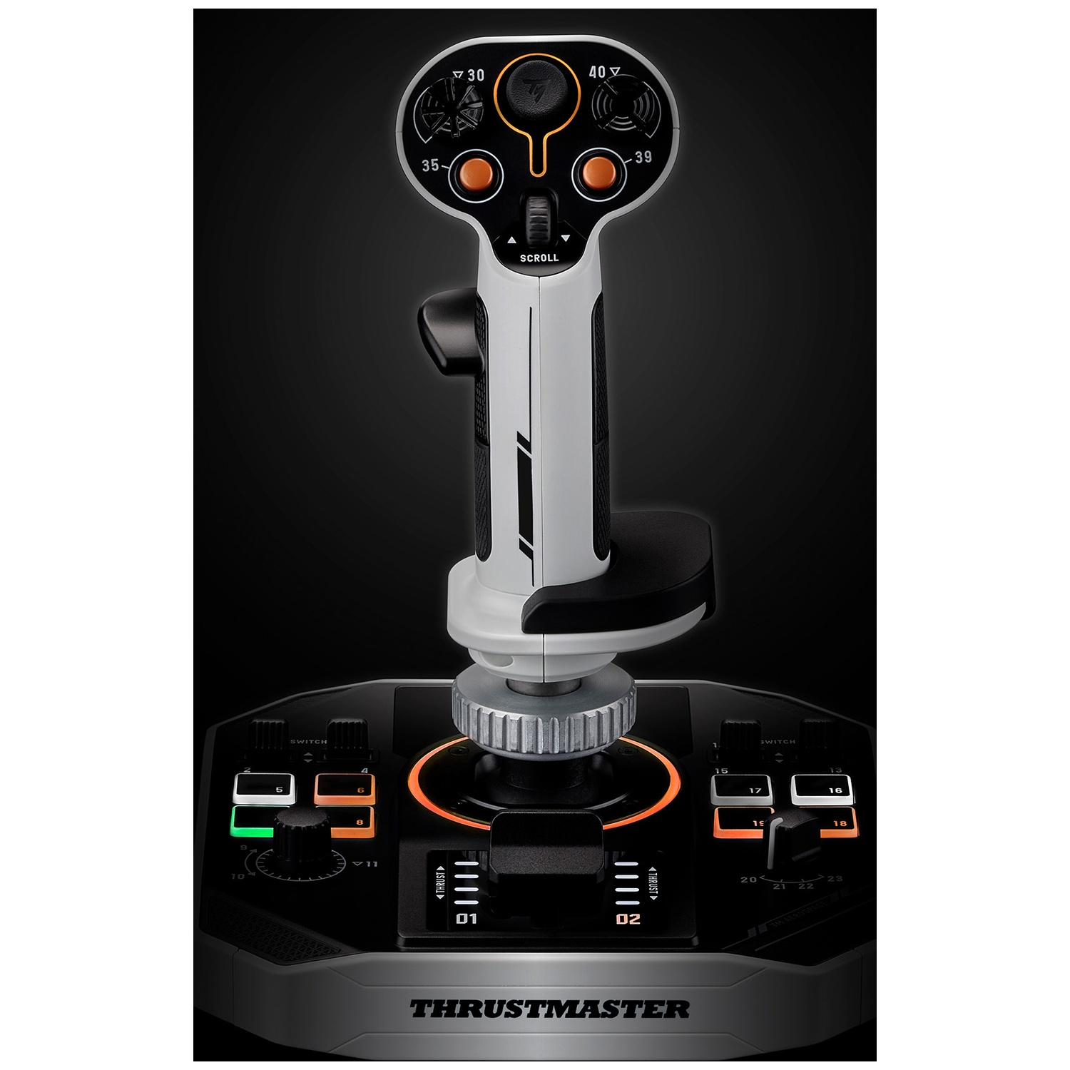 A Thrustmaster joystick. It has a white and black handle with orange accents. It sits on a black base with buttons and dials.