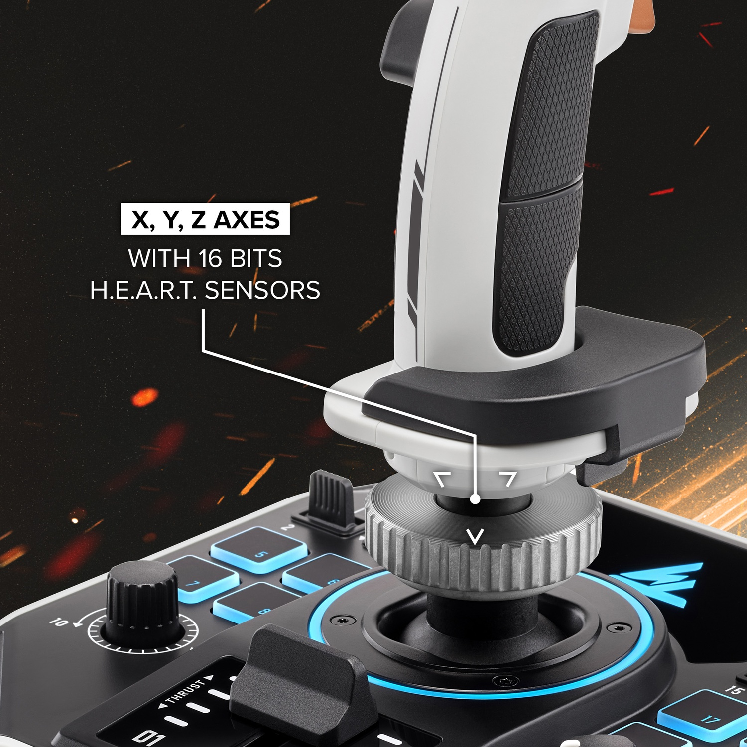 A close-up of a gaming joystick. It has several buttons, a throttle, and a dial. The background is dark with orange sparks.