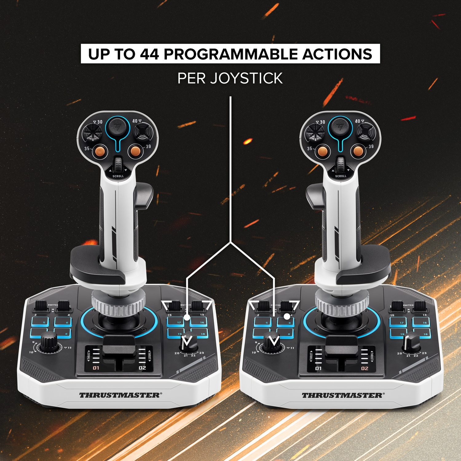 Two joysticks, white and black. Text above says 'Up to 44 programmable actions per joystick'. Thrustmaster logo is at the bottom.