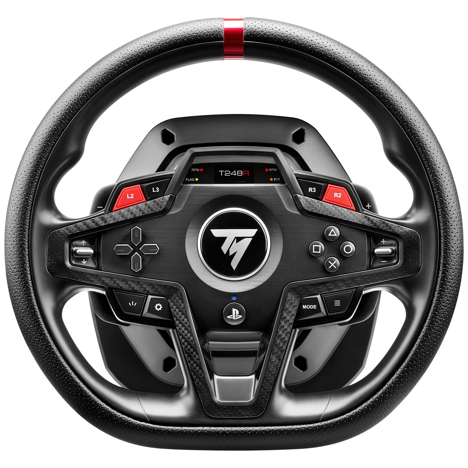 Un volant de course noir avec des touches de rouge. Des boutons et des commandes sont visibles. Le volant a un logo T au centre.