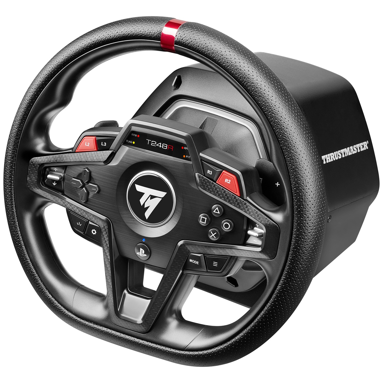 Un volant Thrustmaster noir avec des touches rouges. Boutons L2, L3, R2, R3 et un pavé directionnel. Le volant a une bande rouge.