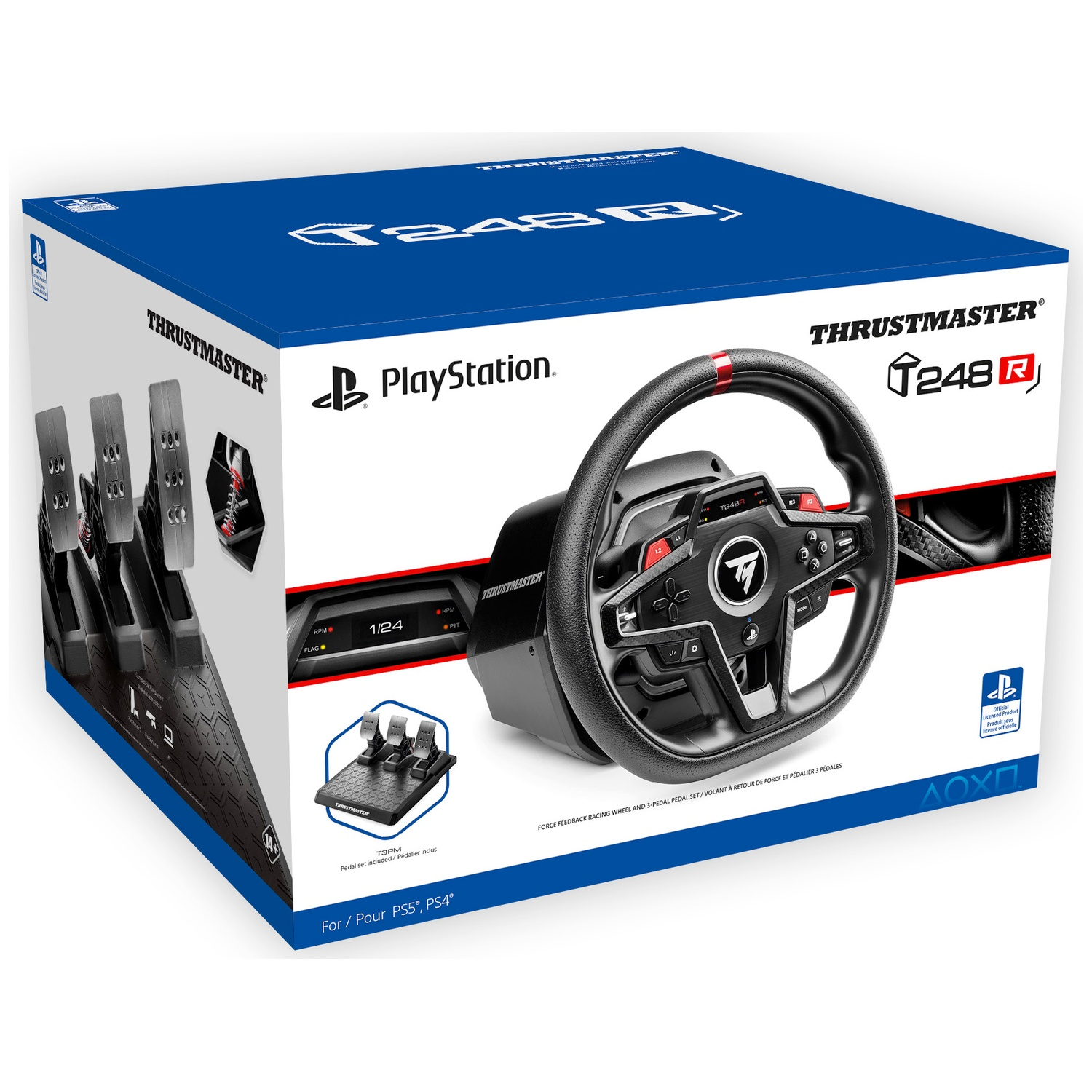 Boîte du volant de course Thrustmaster T248R. Montre le volant, les pédales et le logo PlayStation. Les couleurs dominantes sont le bleu et le blanc.