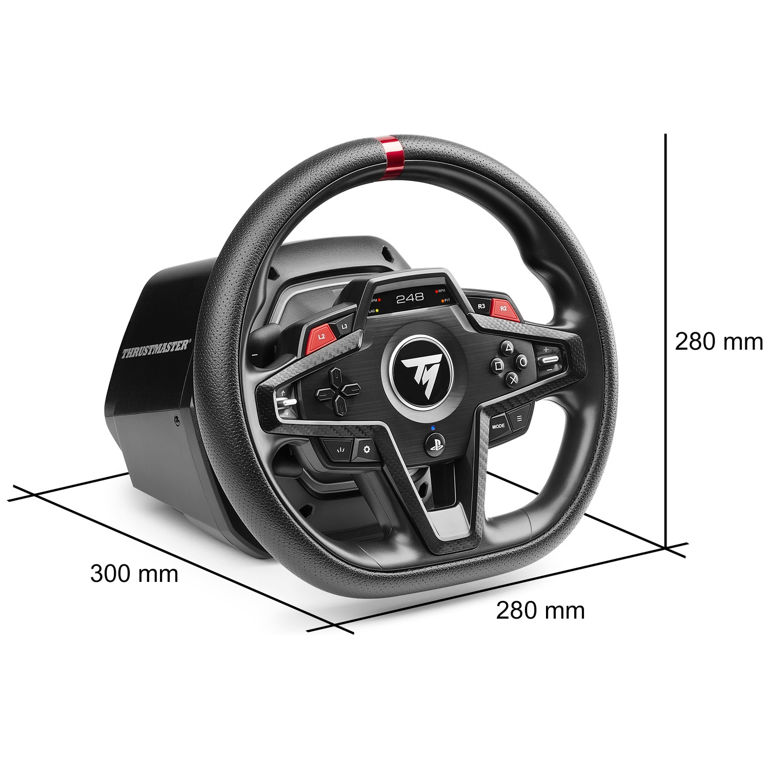 Volant de course noir Thrustmaster avec des touches de rouge. Affichage de chiffres. Dimensions : 300x280x280 mm. Boutons et logos visibles.