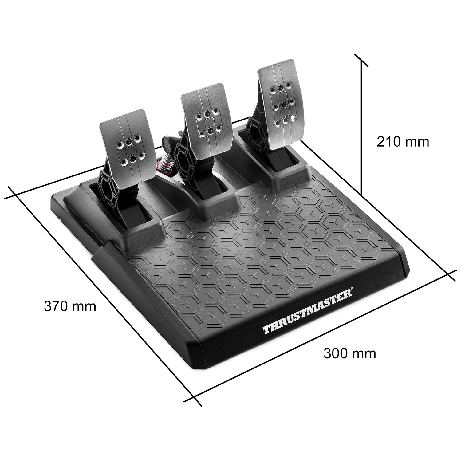 Un pédalier Thrustmaster noir avec trois pédales. Dimensions : 370 mm x 300 mm x 210 mm.