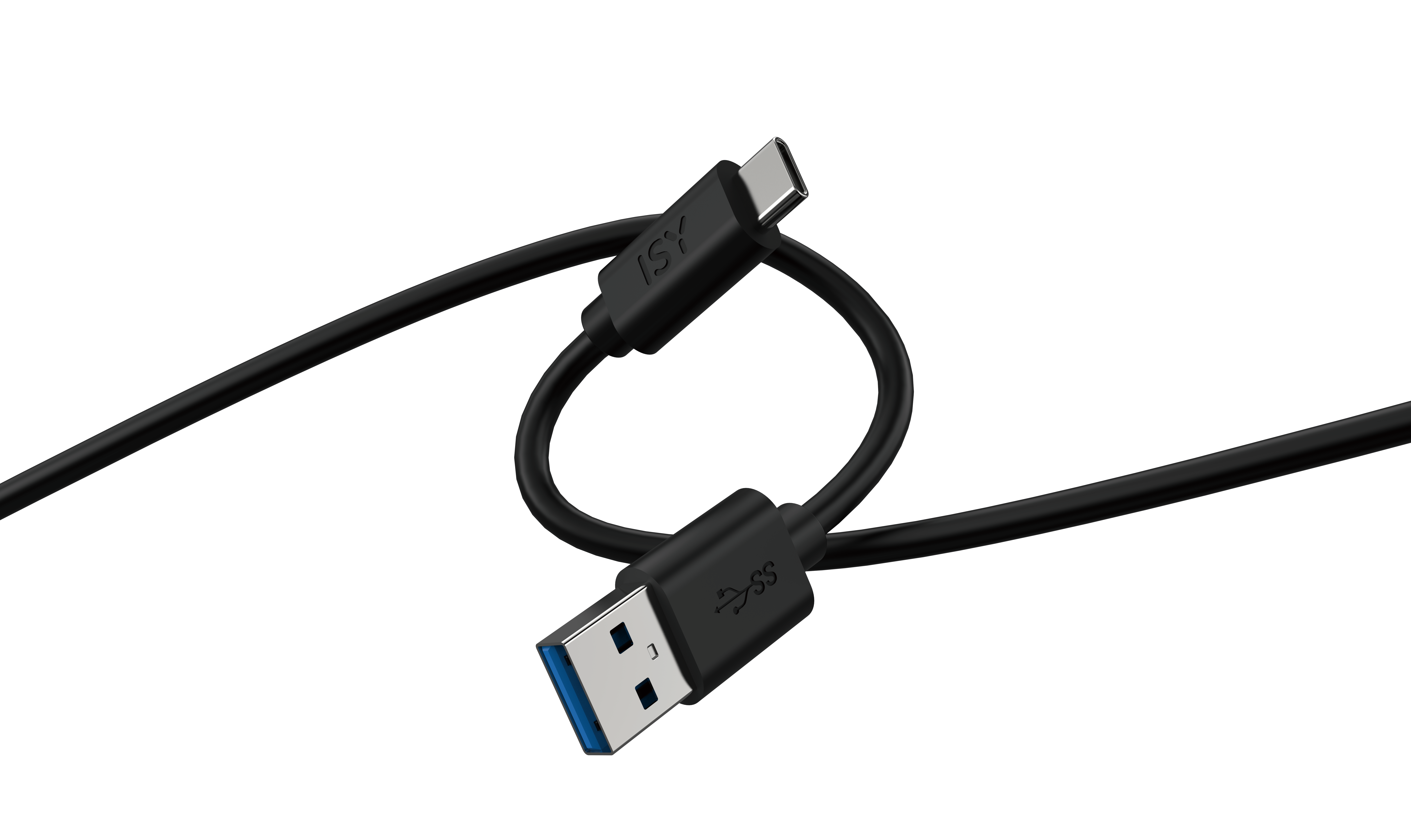 Czarny kabel USB z wtyczkami USB-C i USB-A na czarnym tle. USB-A ma niebieskie wstawki.