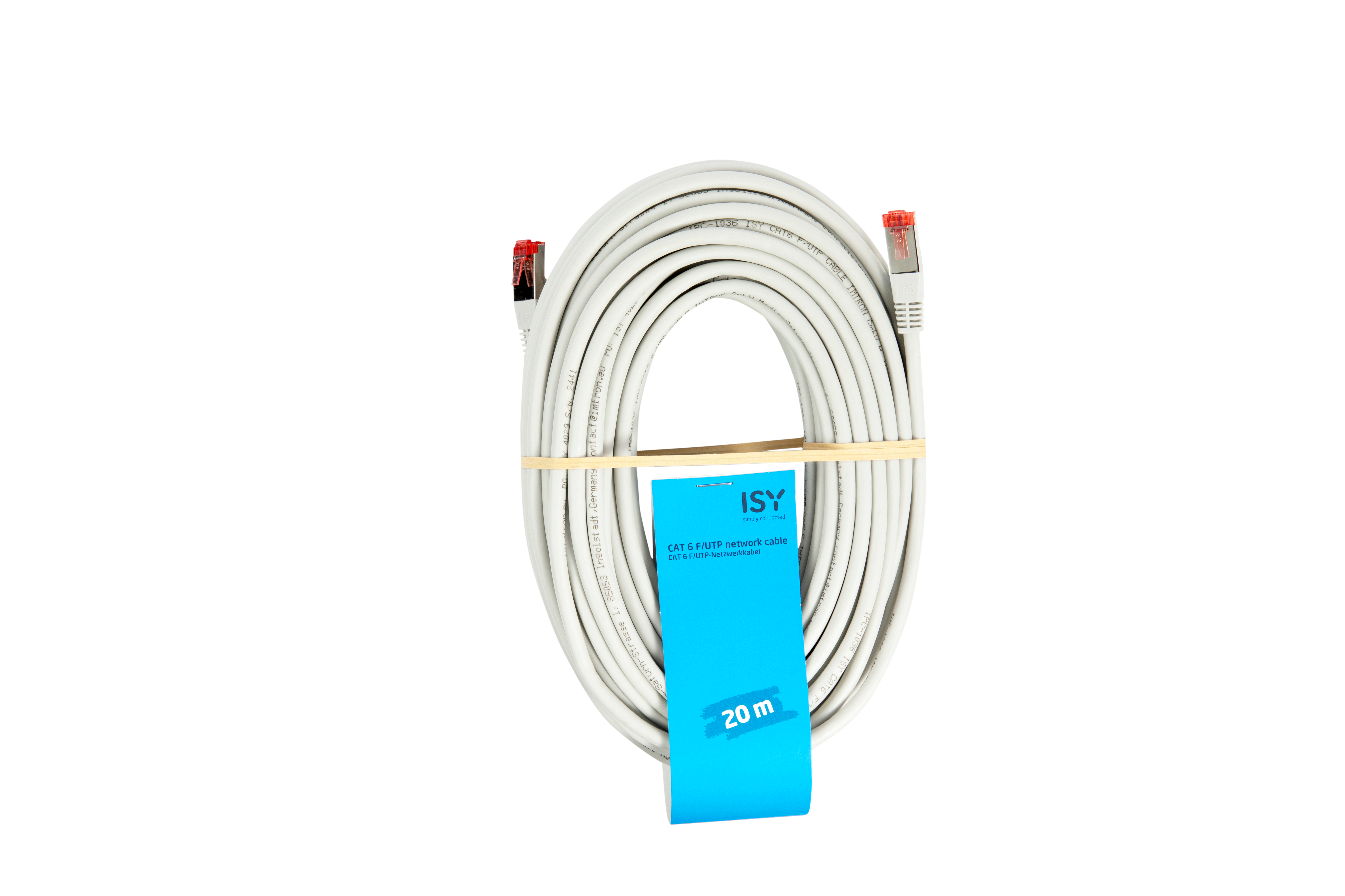 A white network cable with red connectors, wrapped and held by a wooden stick. A blue tag is attached.