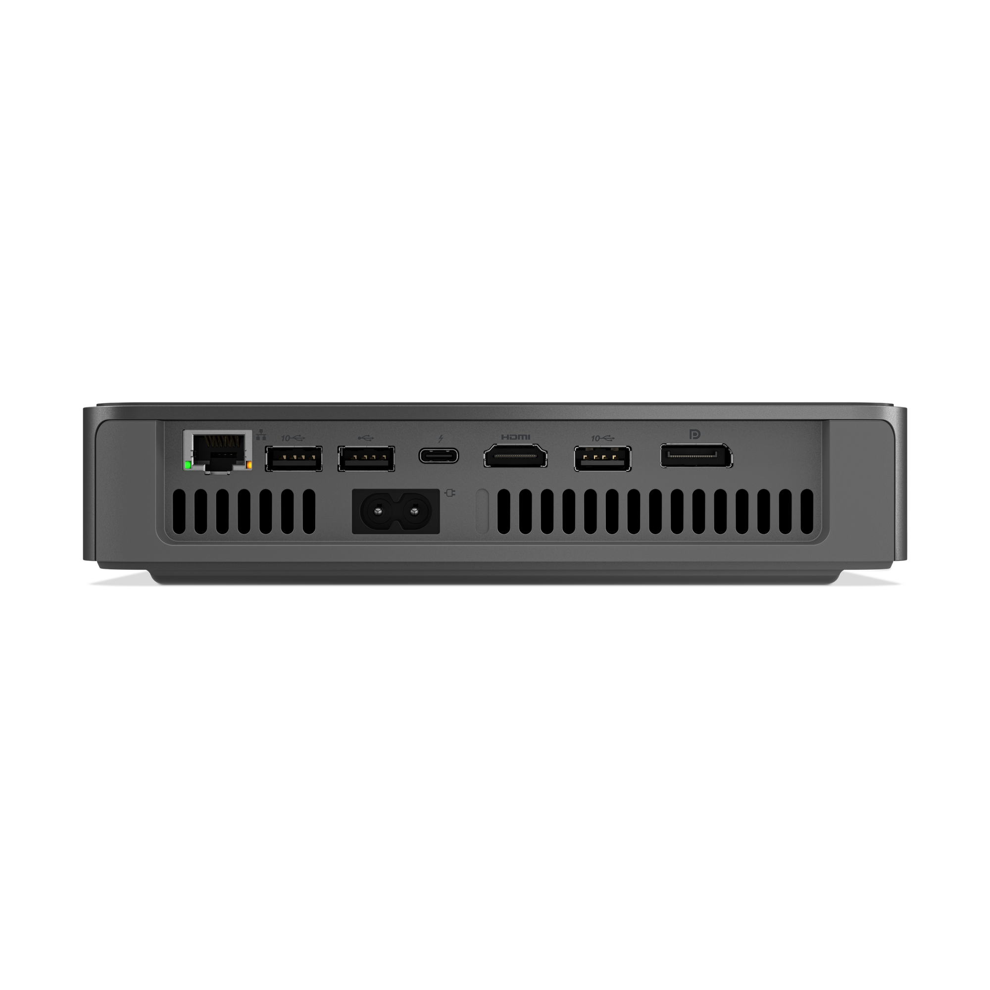 Un appareil informatique gris. Il possède divers ports, dont USB, HDMI et un port Ethernet, ainsi qu'une entrée d'alimentation.