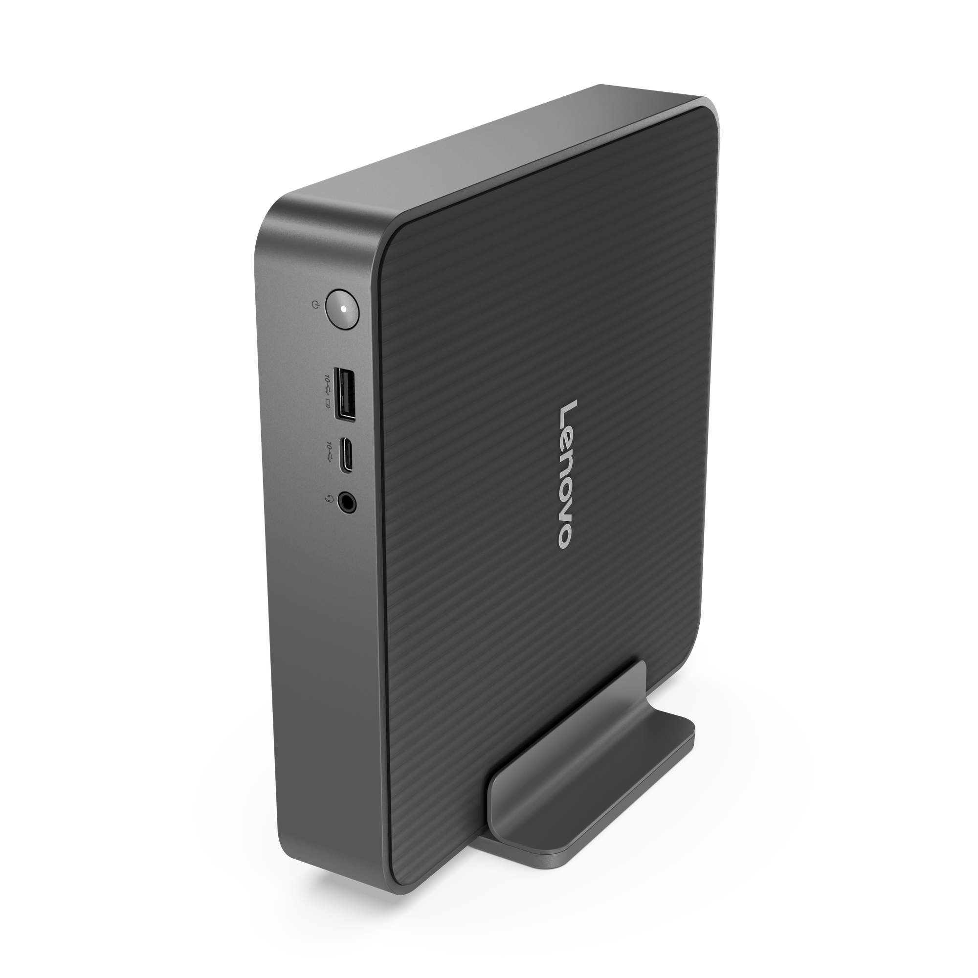 Un ordinateur Lenovo noir avec support. Il possède des ports sur le côté et le logo Lenovo à l'avant.