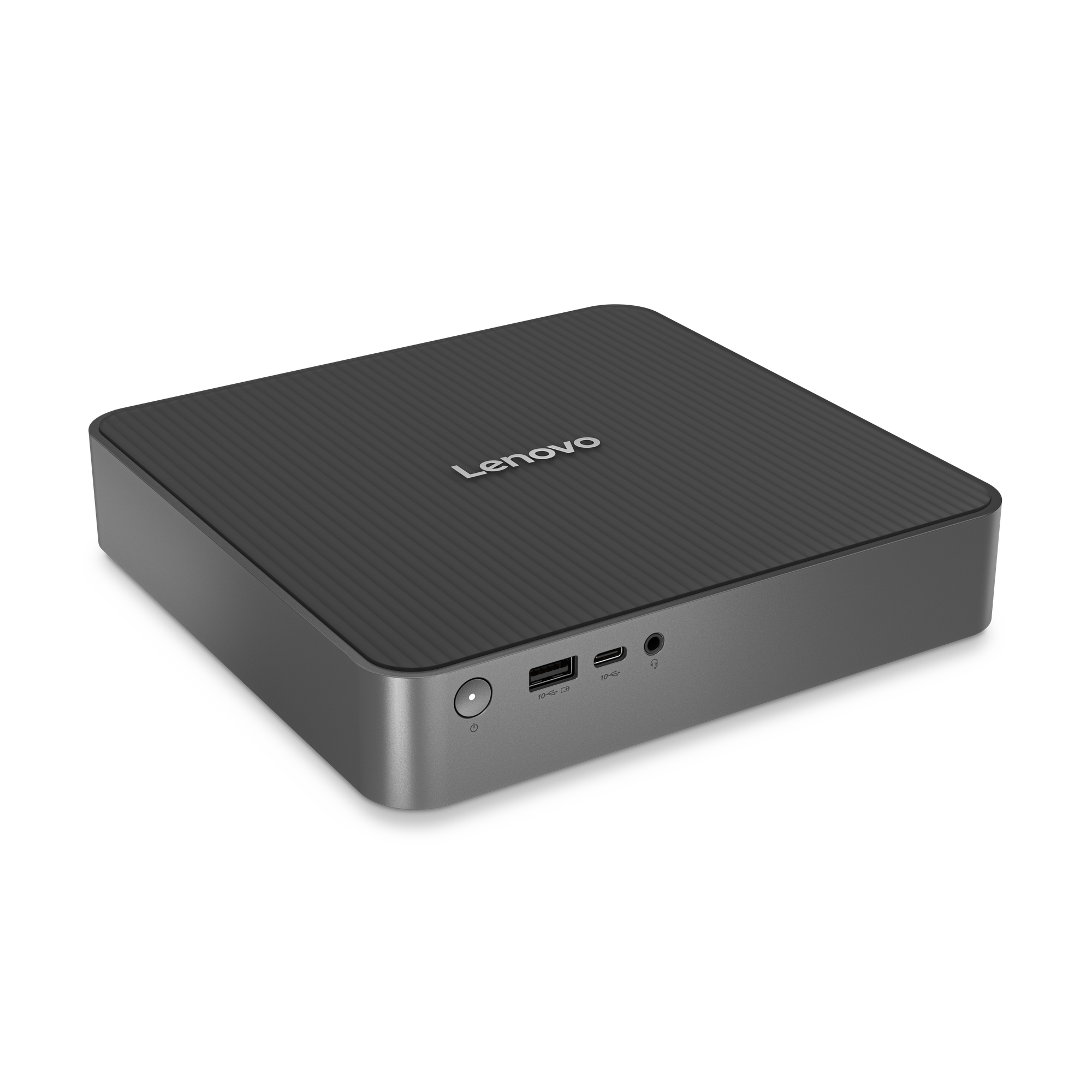 Un ordinateur de bureau Lenovo gris foncé. Il a un dessus strié, un bouton d'alimentation et plusieurs ports USB.