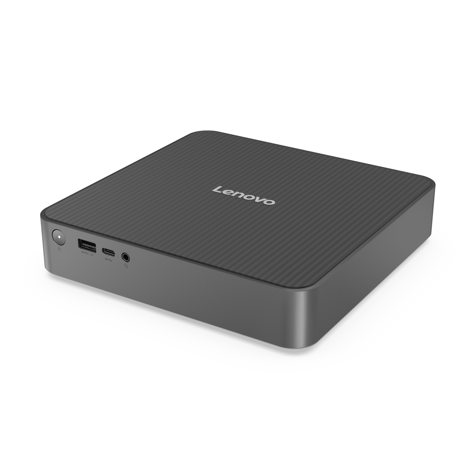 Un ordinateur Lenovo gris foncé. Le dessus a des lignes texturées. Les ports sont sur le côté. Le fond est noir.