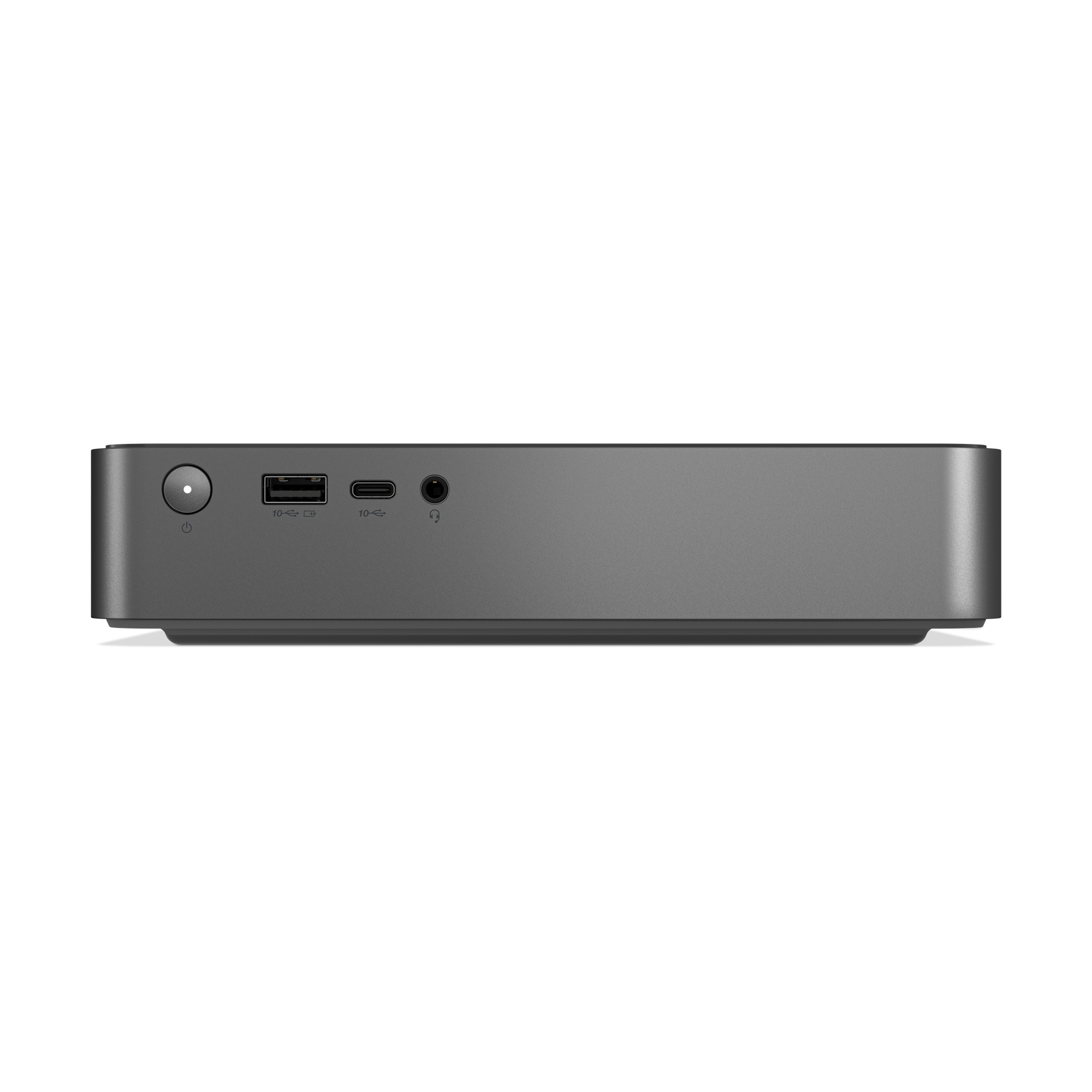 Un appareil rectangulaire gris foncé avec bouton d'alimentation, ports USB et prise audio sur fond blanc.