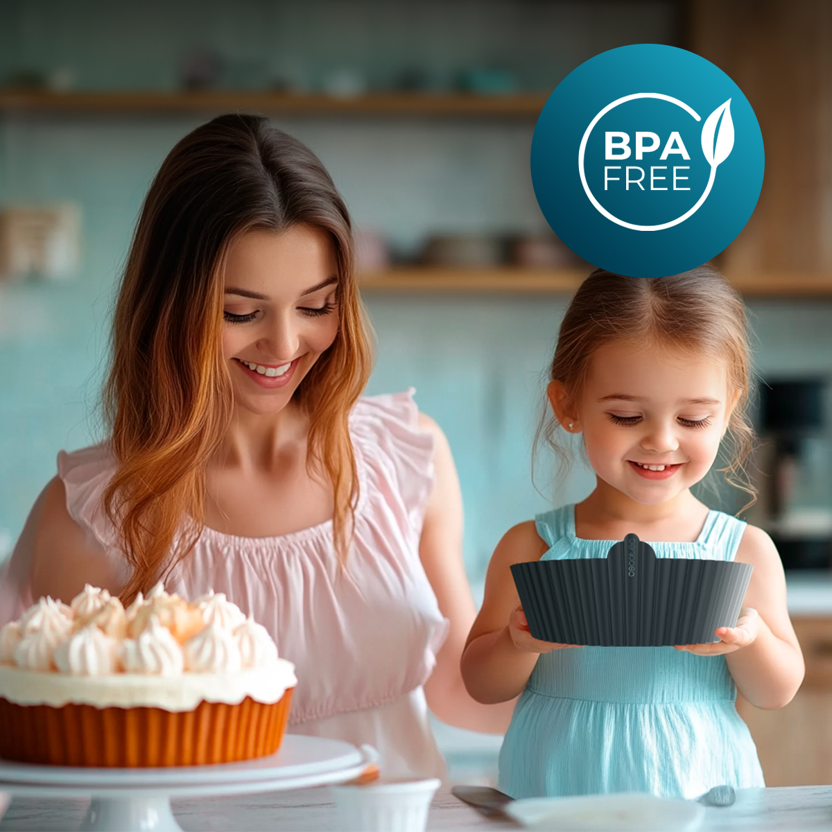 Una mujer y una niña sonríen en una cocina. La niña sostiene un molde para hornear gris oscuro. Un pastel con crema está sobre un soporte.