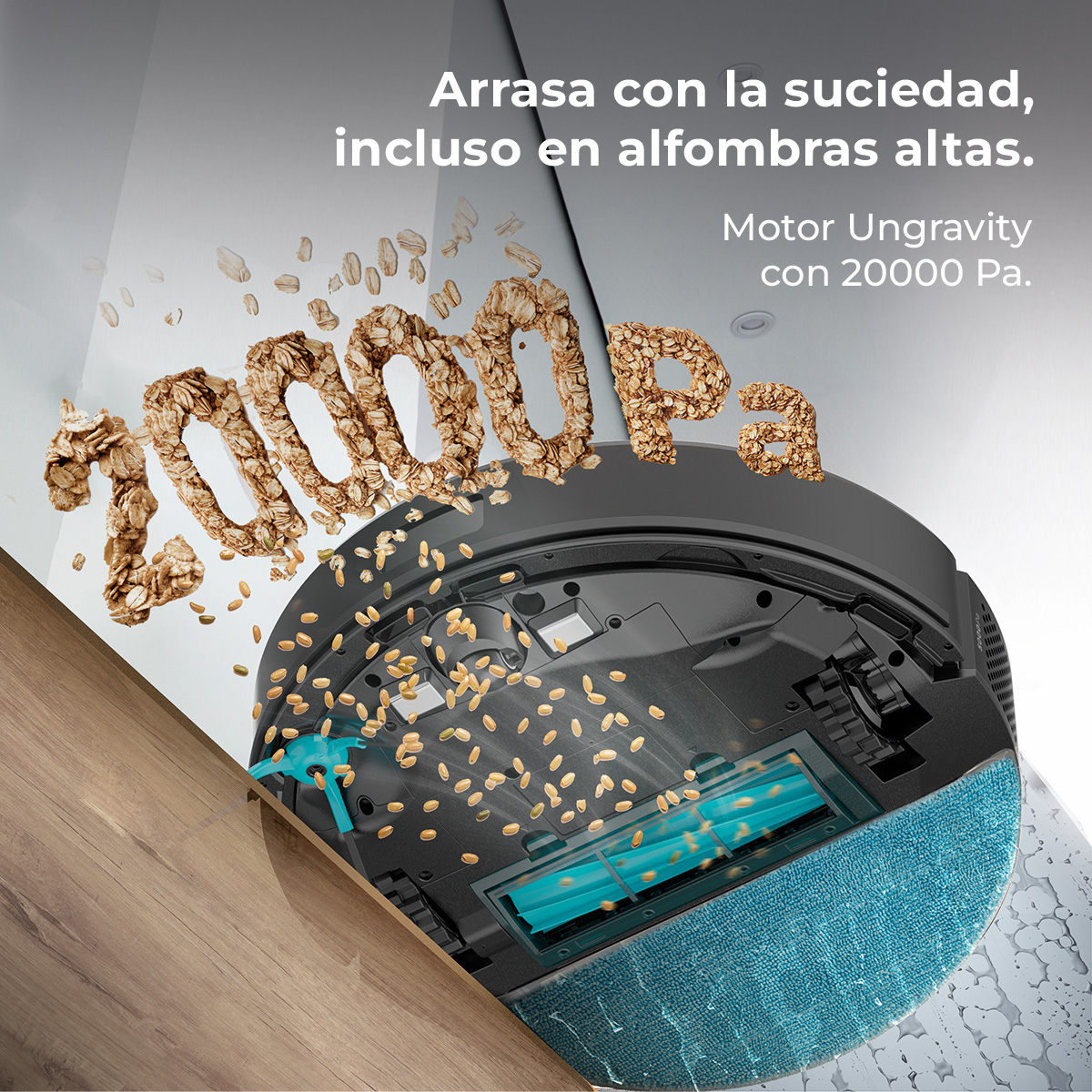Una aspiradora robot limpiando una superficie. El texto dice '20000 Pa'. Se están aspirando avena. La aspiradora tiene un cepillo azul.